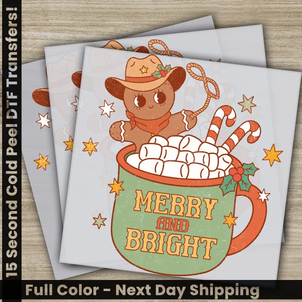 Merry and Bright, Cookie for Christmas, Christmas DTF Transfer, Personalized Ready to Press, High Quality, Fast Shipping