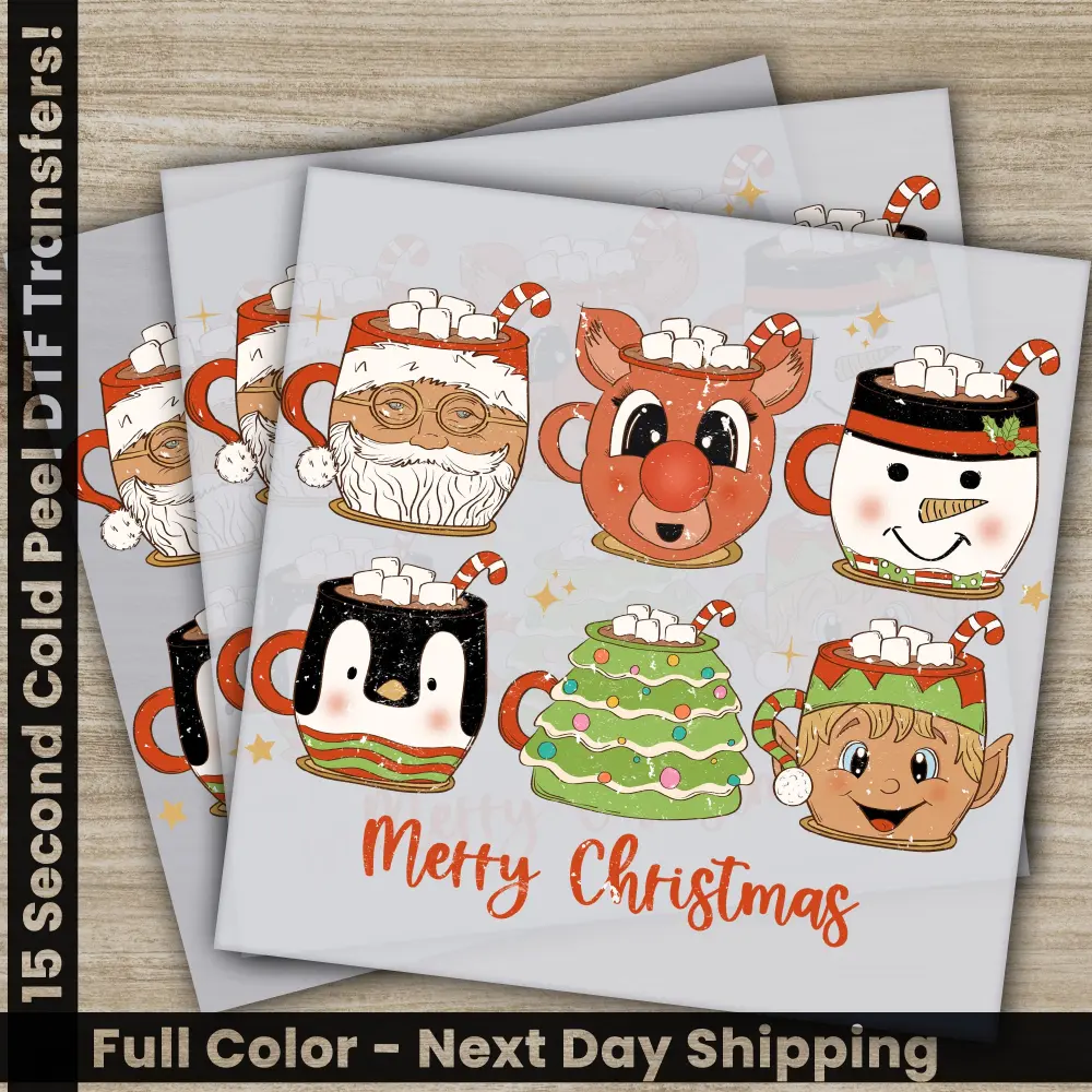 Merry Christmas DTF Transfers, Hot Chocolate In a Cup, Ready to Press, Direct to Film, Sublimation Screen Prints, Heat Transfers