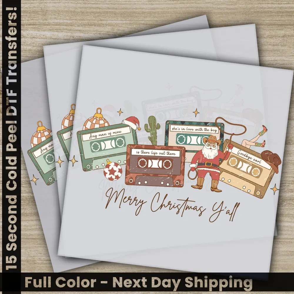 Merry Christmas Y'all, Christmas DTF Transfers, Ready to Press, Fast Shipping, Personalized Gift, High Quality, Christmas Cassette Tapes Png