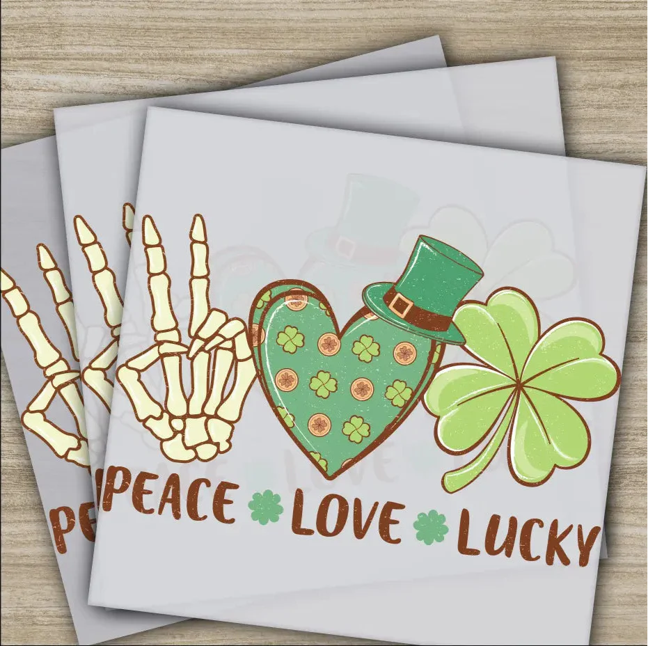 Peace, Love, Lucky, St. Patrick's Day Transfers, Ready to Press, Personalized DTF Transfers, St. Patrick's Gifts, Heat Press DTF Transfers