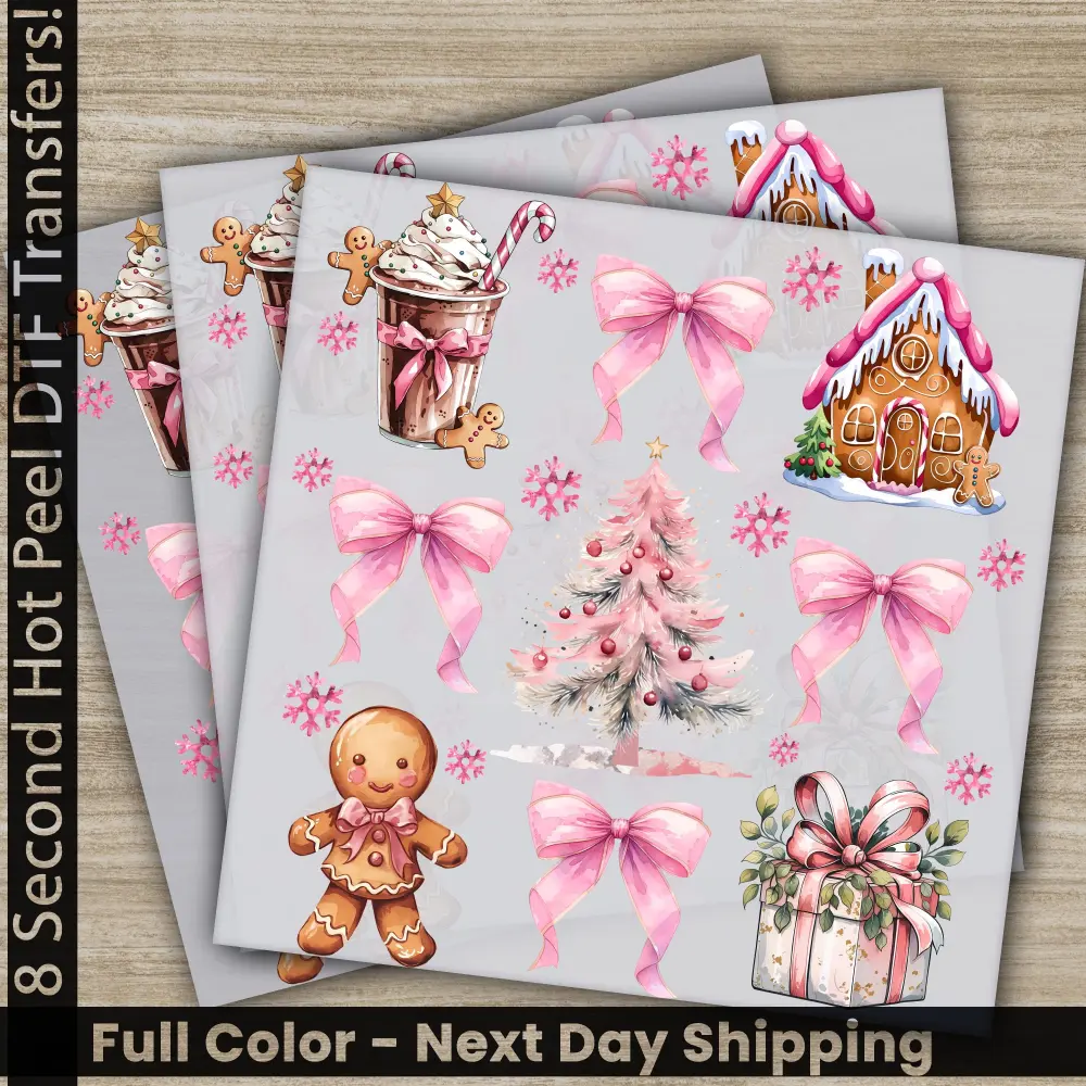 Pink Bow, Hot Cocoa, Pink Christmas Tree DTF Transfers, Ready to Press, Personalized Gifts, Direct to Film, Sublimation Screen Prints