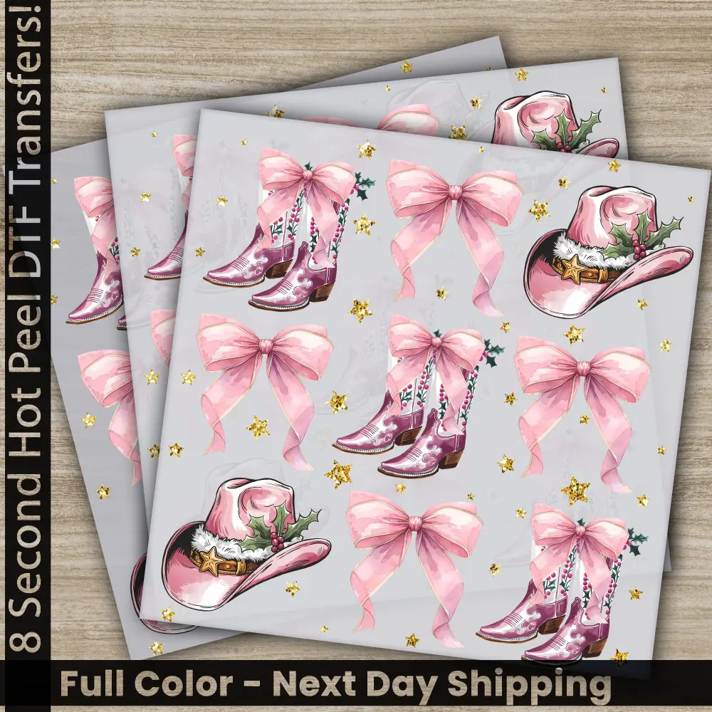 Pink Bow, Pink Christmas DTF Transfers, Ready to Press, Personalized Gifts, Direct to Film, Sublimation Screen Prints, Fast Shipping