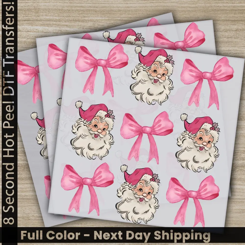 Pink Bow, Santa, Christmas Tree DTF Transfers, Ready to Press, Personalized Gifts, Direct to Film, Sublimation Screen Prints,