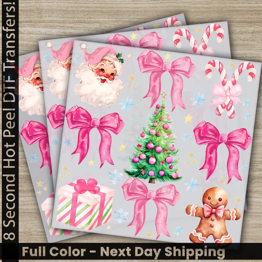 Pink Bow, Santa, Xmas Cookies, Christmas Tree DTF Transfers, Ready to Press, Personalized Gifts, Direct to Film, Sublimation Screen Prints,