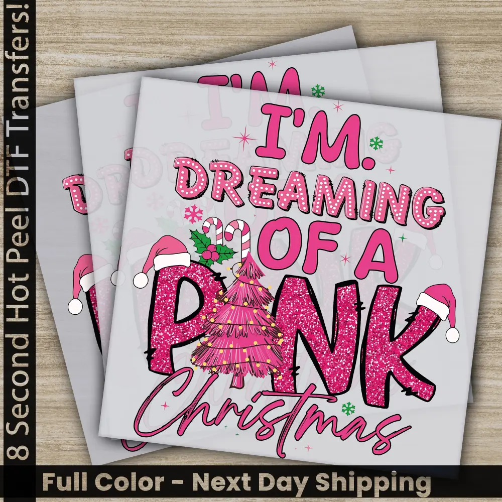 Pink Christmas Tree DTF Transfers, Ready to Press, Personalized Gifts, Direct to Film, Sublimation Screen Prints, Fast Shipping