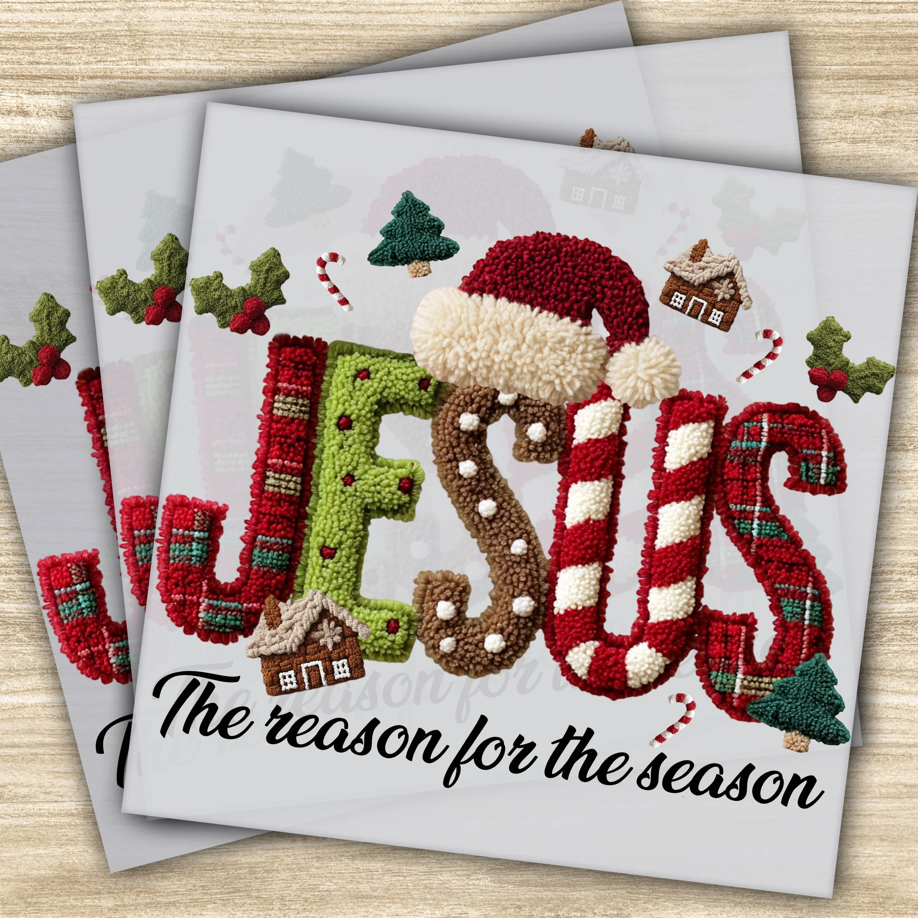 Ready to Press DTF Transfer – Jesus Christmas Design with Faux Yarn, Holiday Season Reason for the Season
