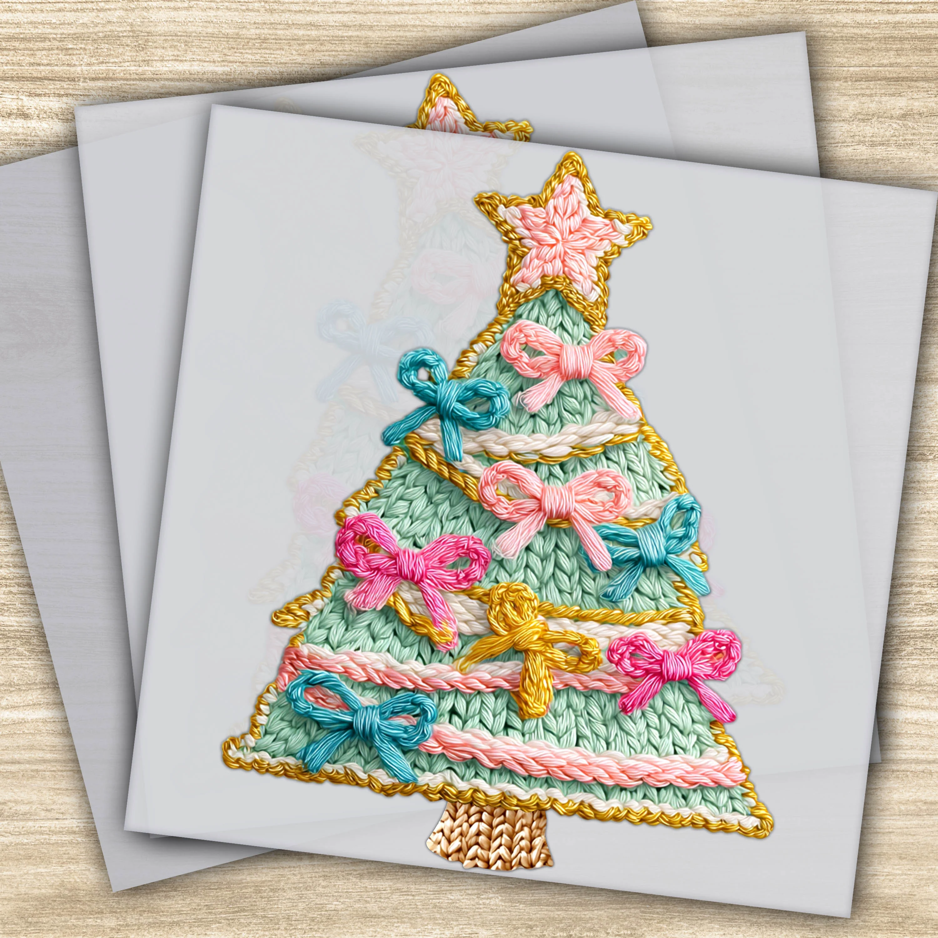 Ready to Press DTF Transfer - Christmas Tree with Colorful Bows Faux Yarn Design