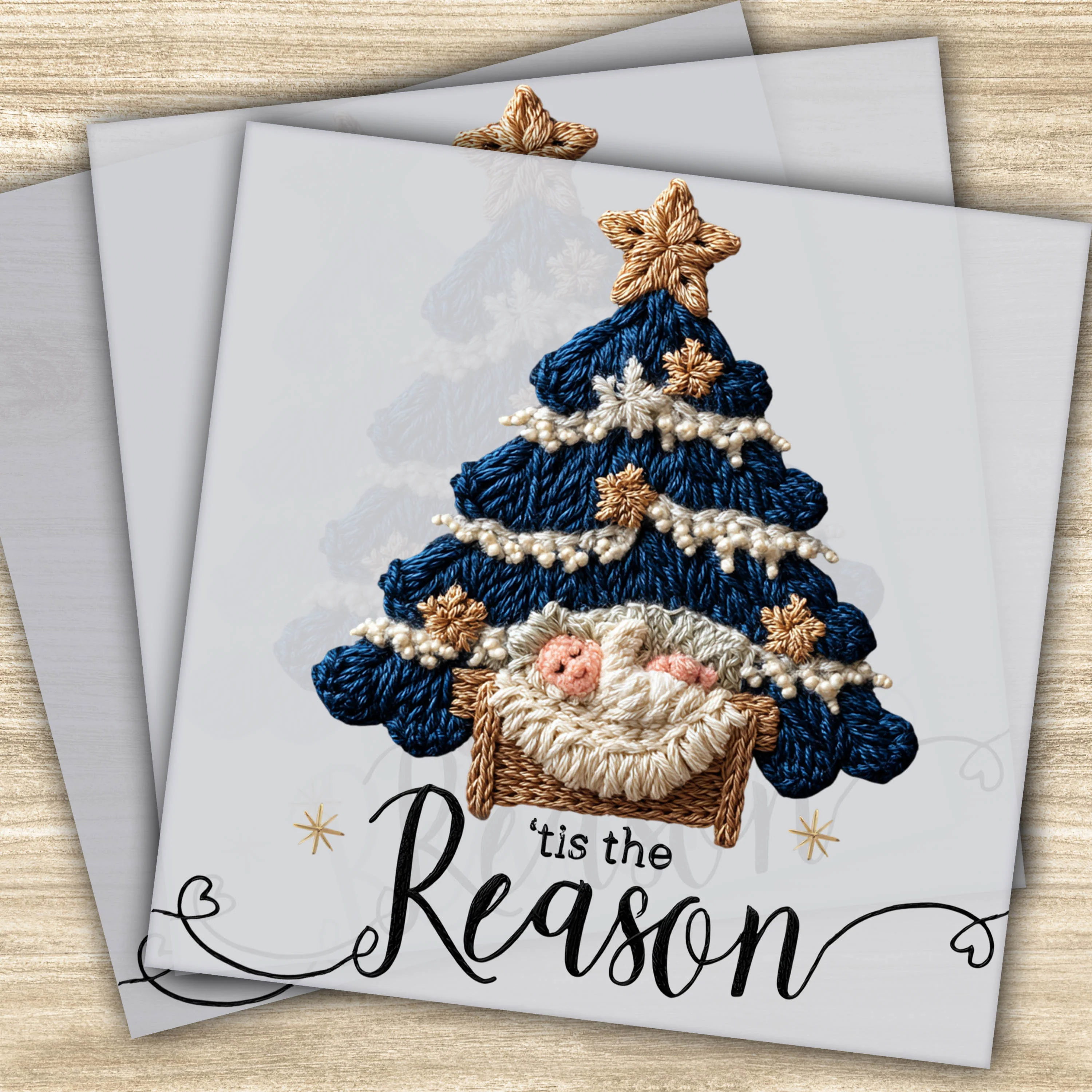 Ready to Press DTF Transfer - 'Tis the Reason Christmas Tree with Nativity Faux Yarn Design