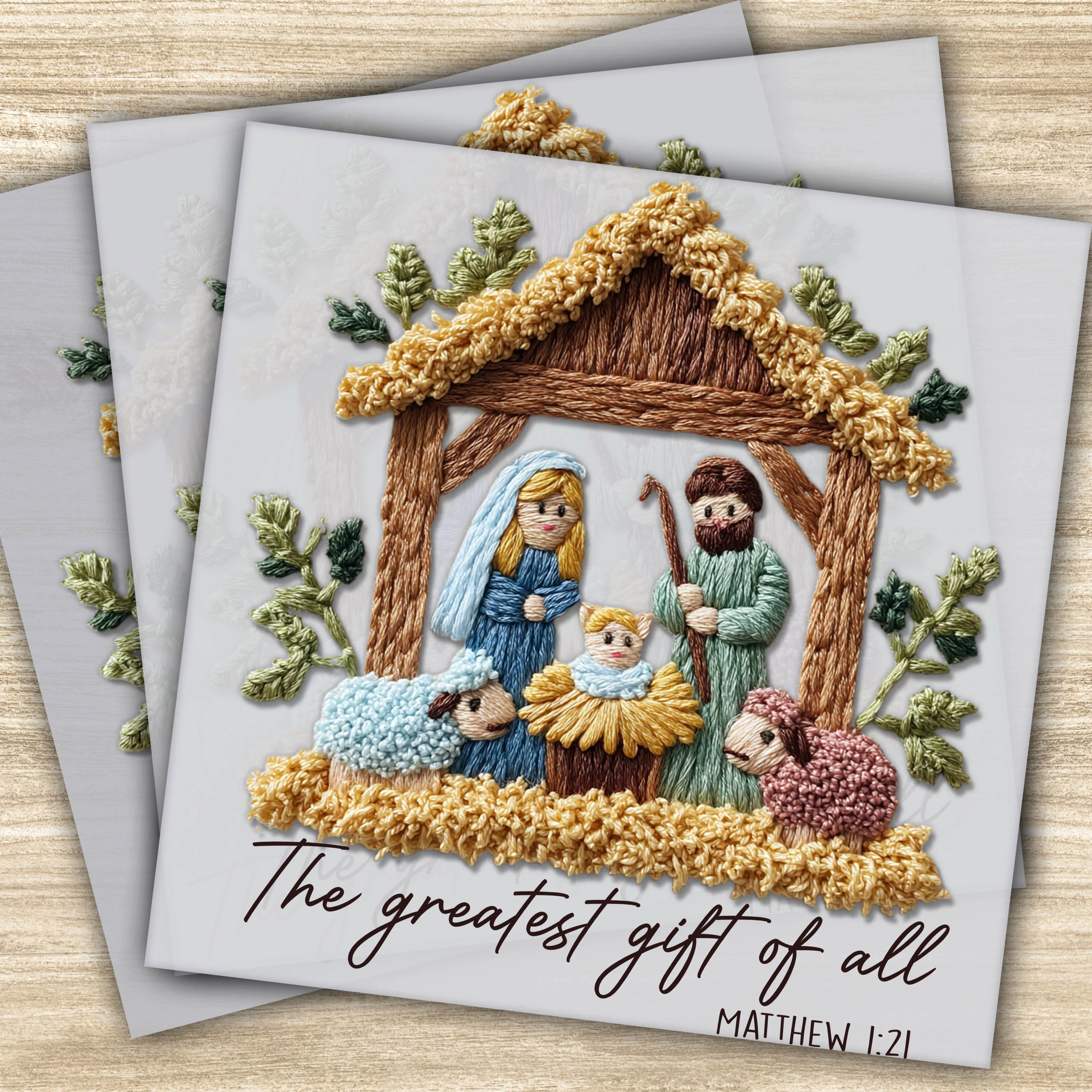 Ready to Press DTF Transfer – Nativity Scene with Faux Yarn Texture, Holy Family Christmas Design