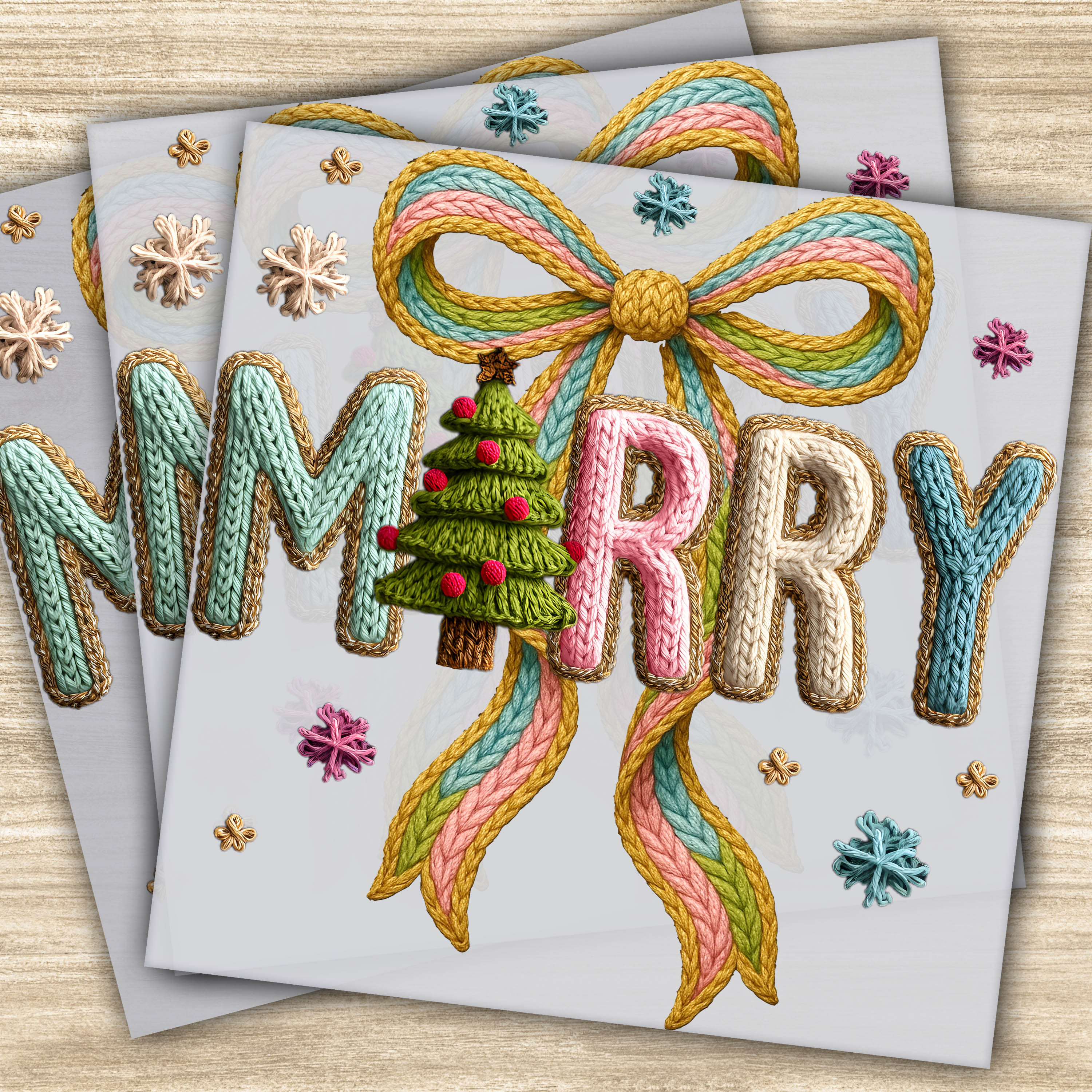Ready to Press DTF Transfer - Merry Christmas Design with Tree & Colorful Bow, Faux Yarn Holiday Transfer for Apparel