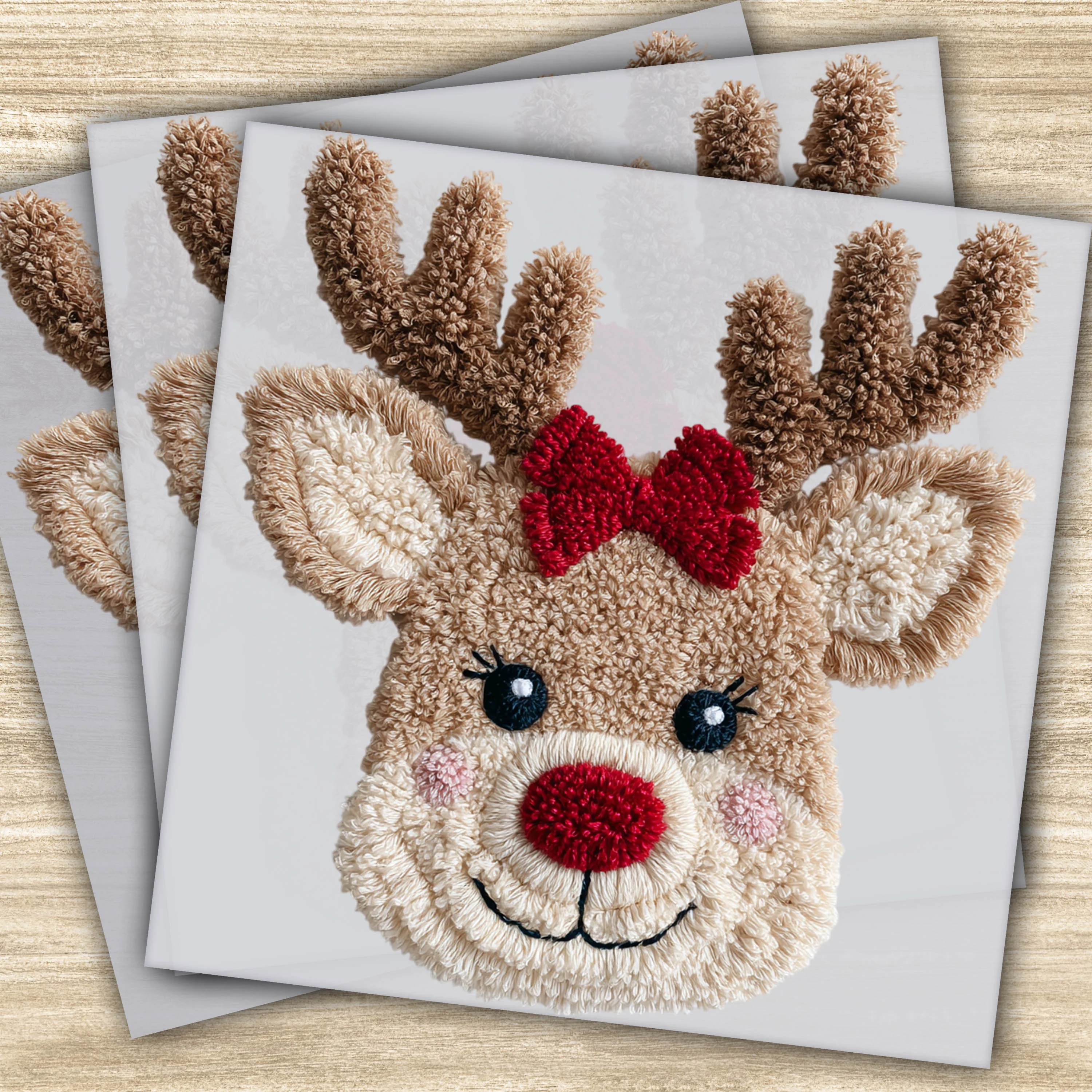 Ready to Press DTF Transfer - Faux Yarn Reindeer with Red Bow, Holiday Design for T-Shirts, Hoodies & More
