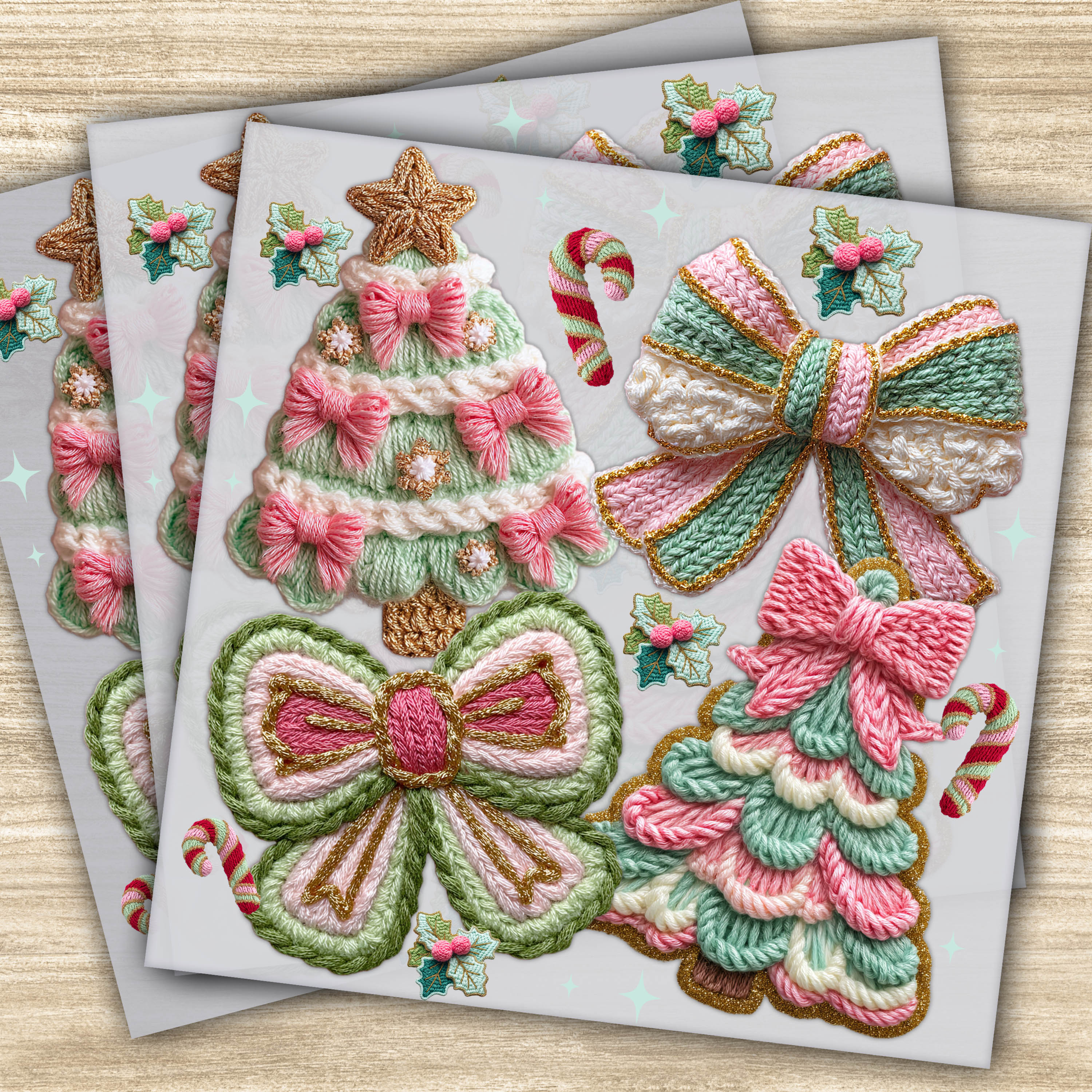 Ready to Press DTF Transfer - Pink & Green Christmas Tree and Bow Design with Faux Yarn