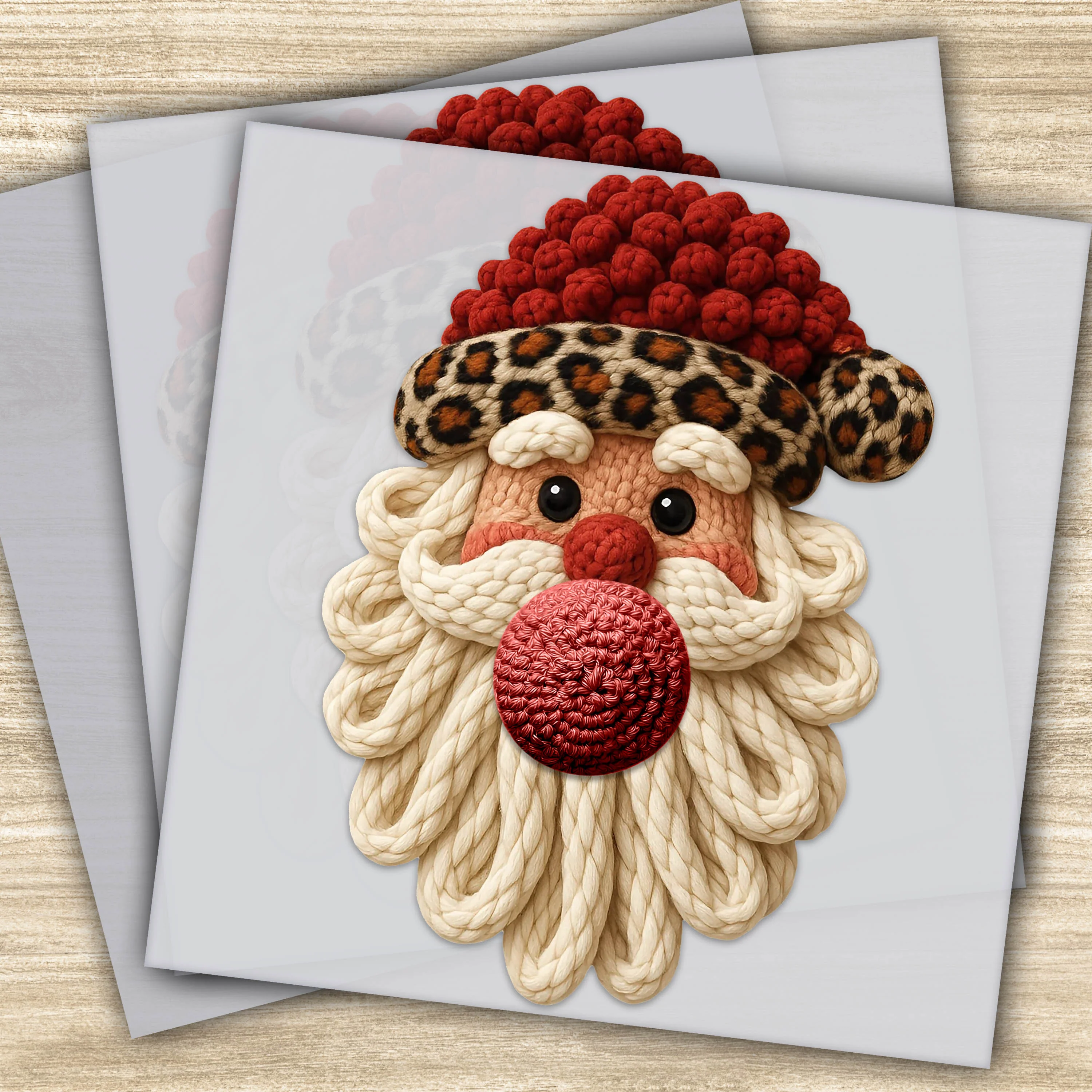 Ready to Press DTF Transfer - Santa Claus with Faux Yarn Beard and Leopard Print Hat