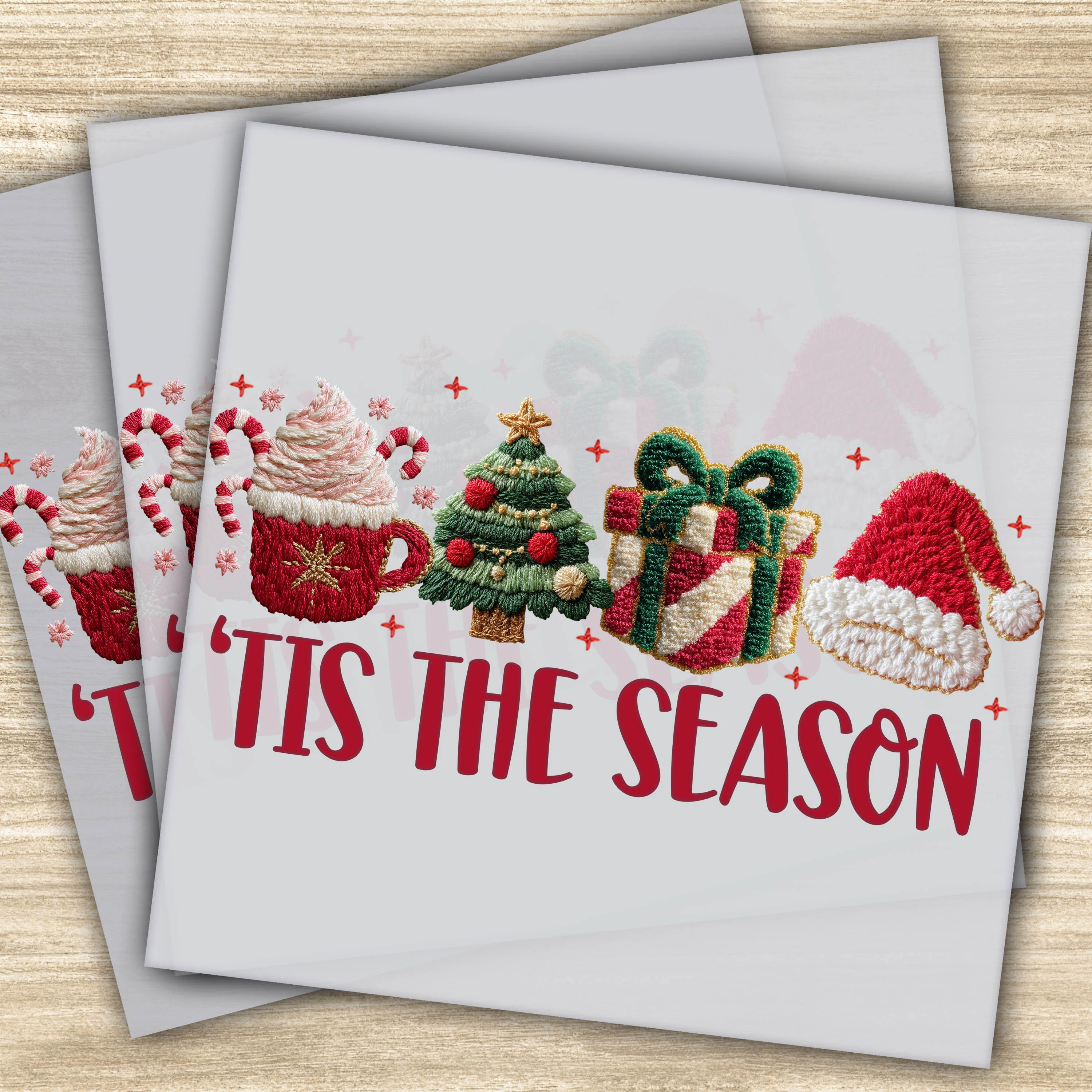 Ready to Press DTF Transfer - 'Tis the Season Holiday Design with Christmas Cup, Tree, Gifts, and Santa Hat
