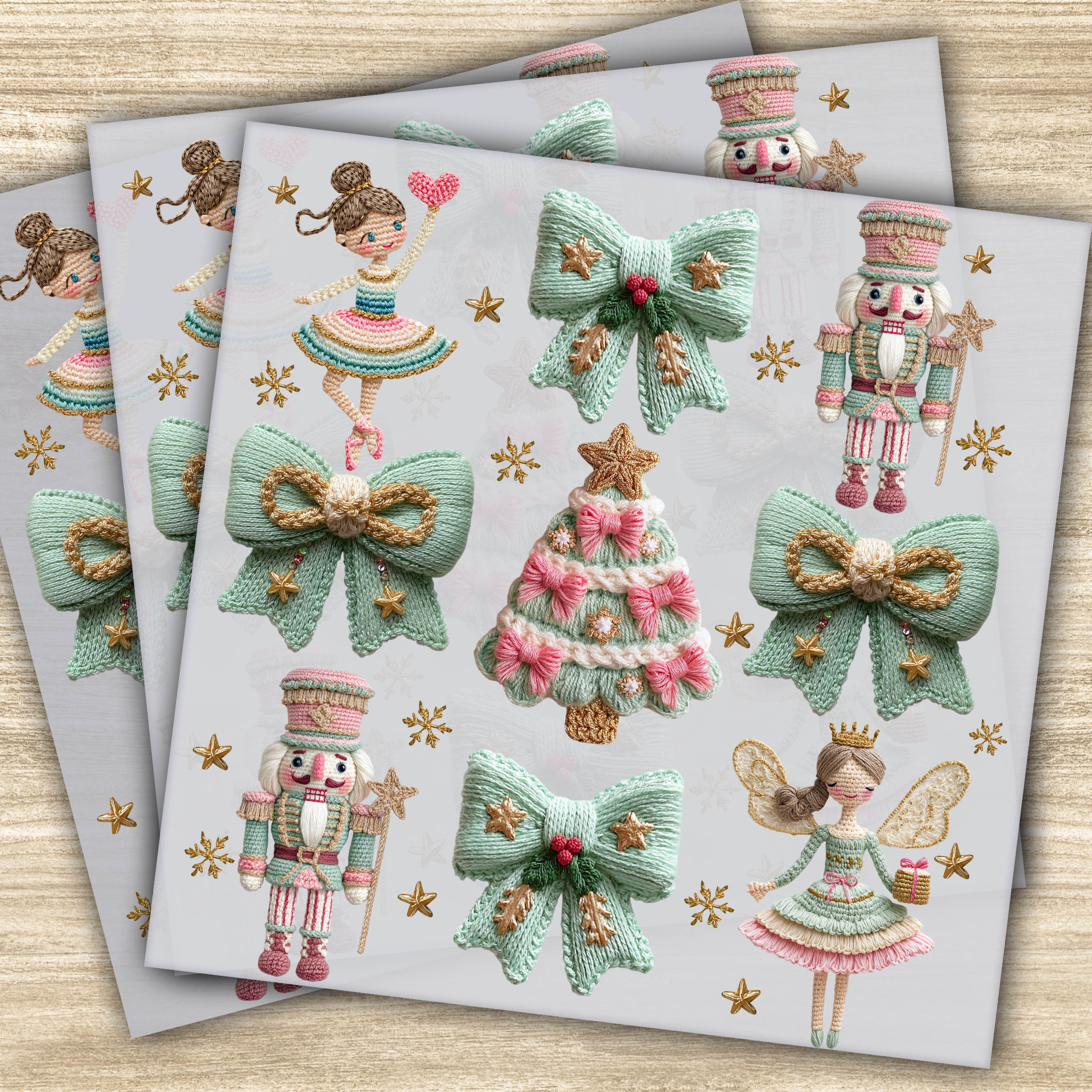 Ready to Press DTF Transfer – Nutcracker and Ballerina with Faux Yarn Bows, Christmas Holiday Design