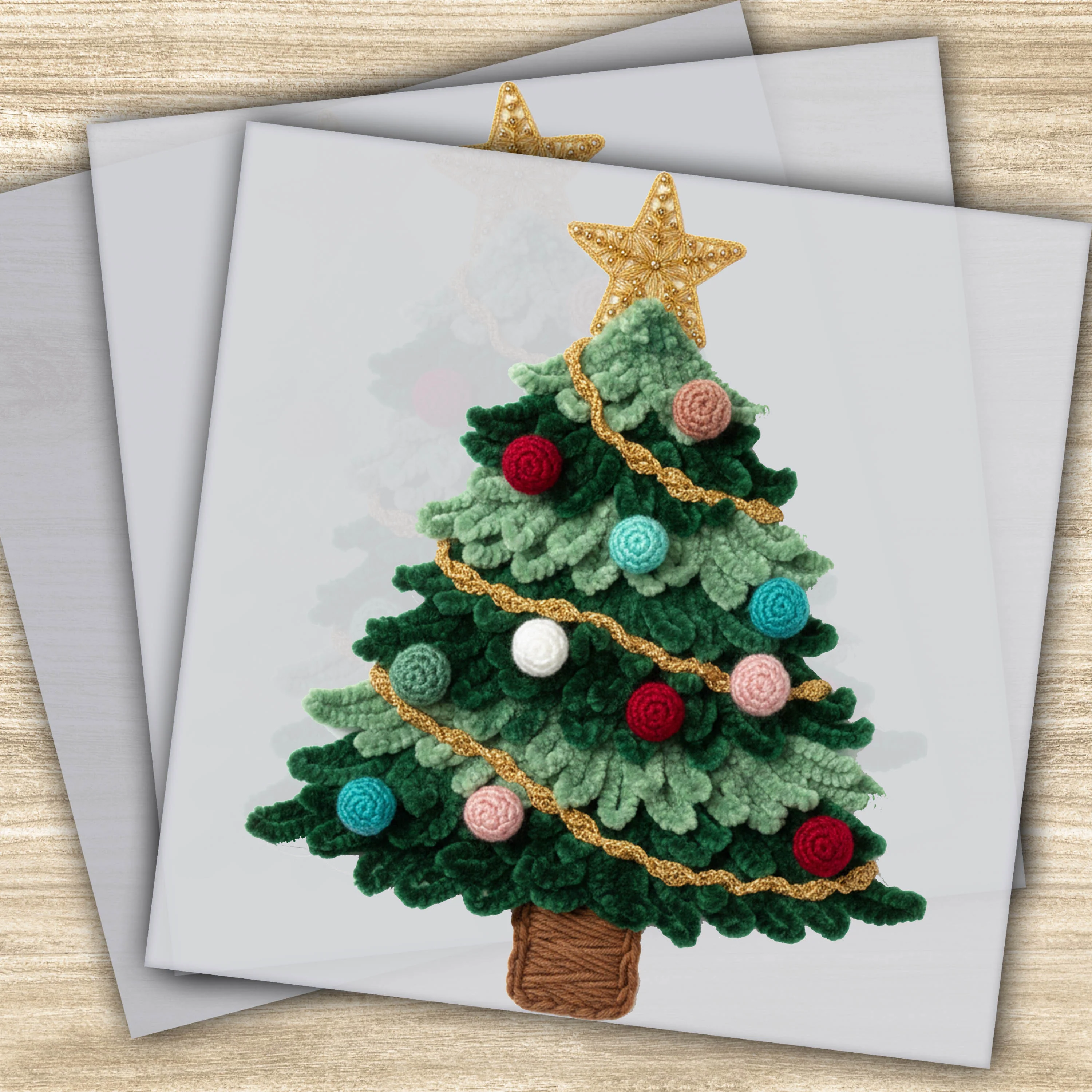 Ready to Press DTF Transfer – Cozy Christmas Tree with Yarn Details and Gold Star