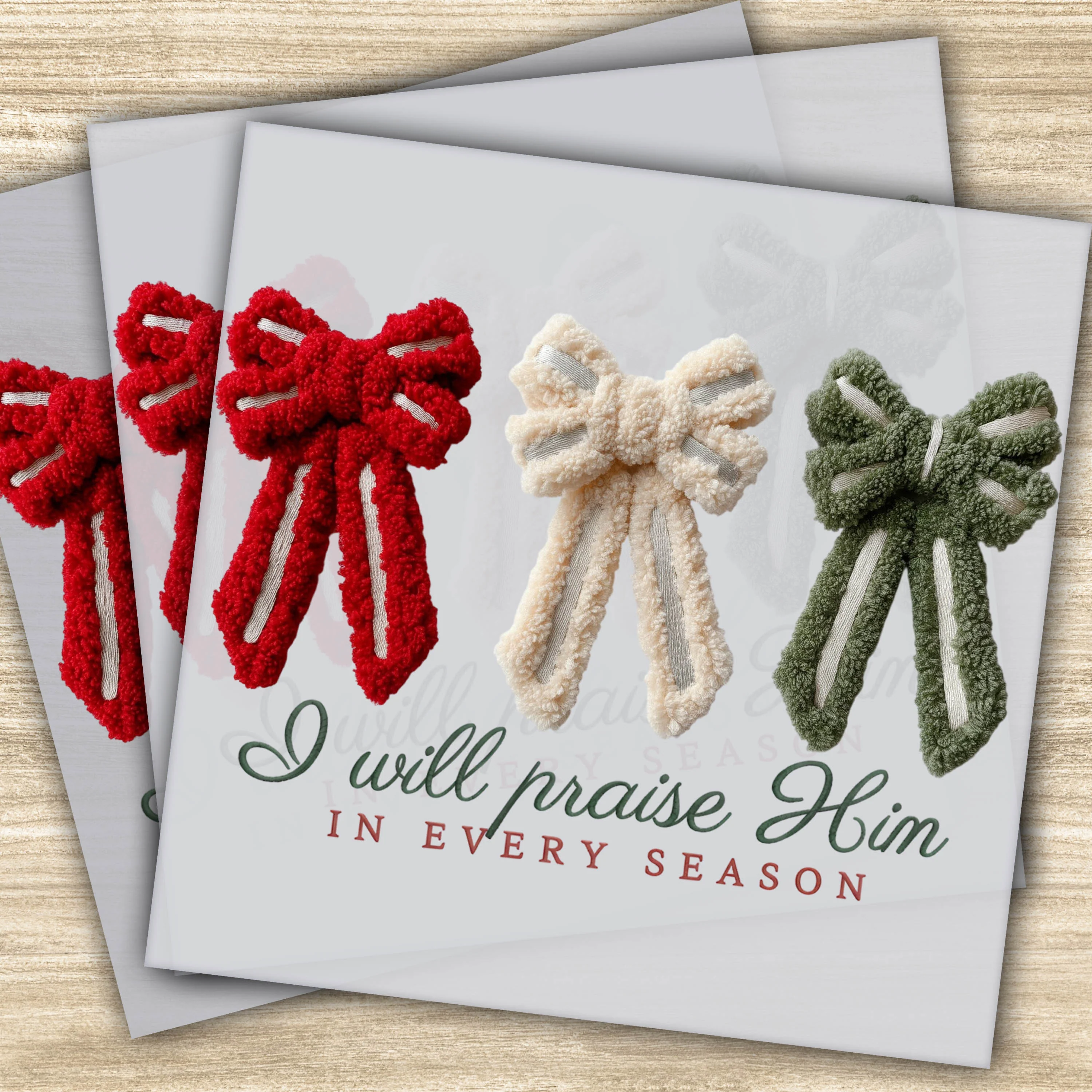 Ready to Press DTF Transfer – "I Will Praise Him" with Faux Yarn Bows, Holiday Season Design