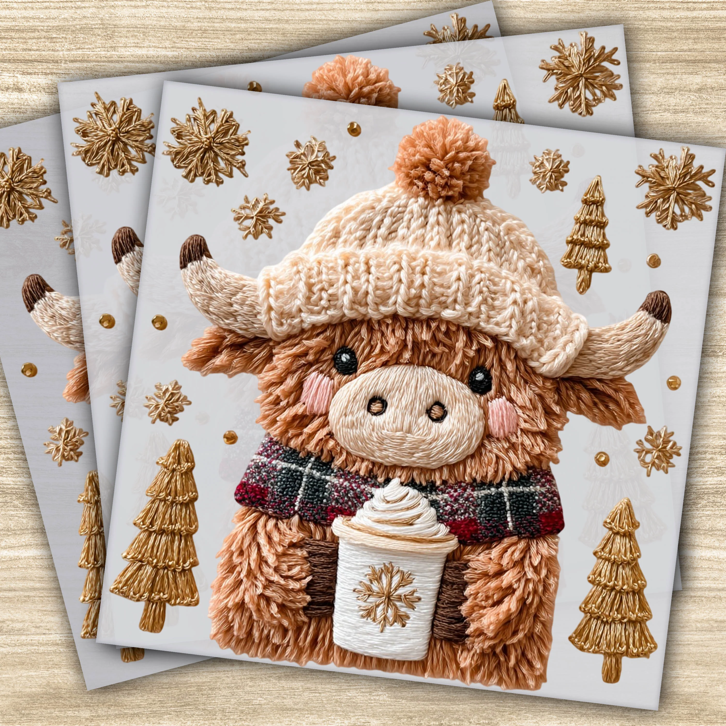 Ready to Press DTF Transfer - Winter Cow Design with Faux Yarn, Christmas Holiday Apparel Transfer