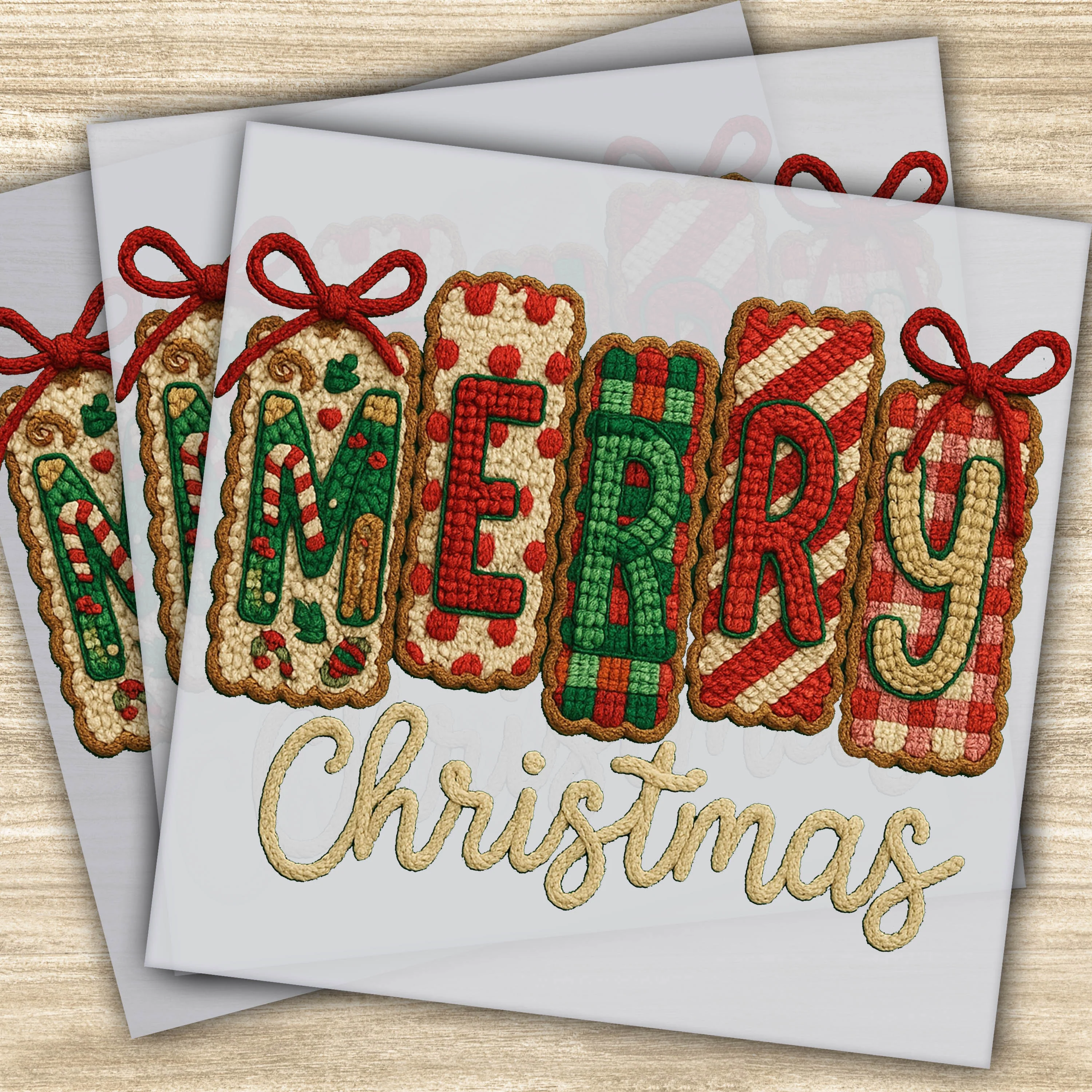 Ready to Press DTF Transfer – Merry Christmas Faux Yarn Design with Festive Details