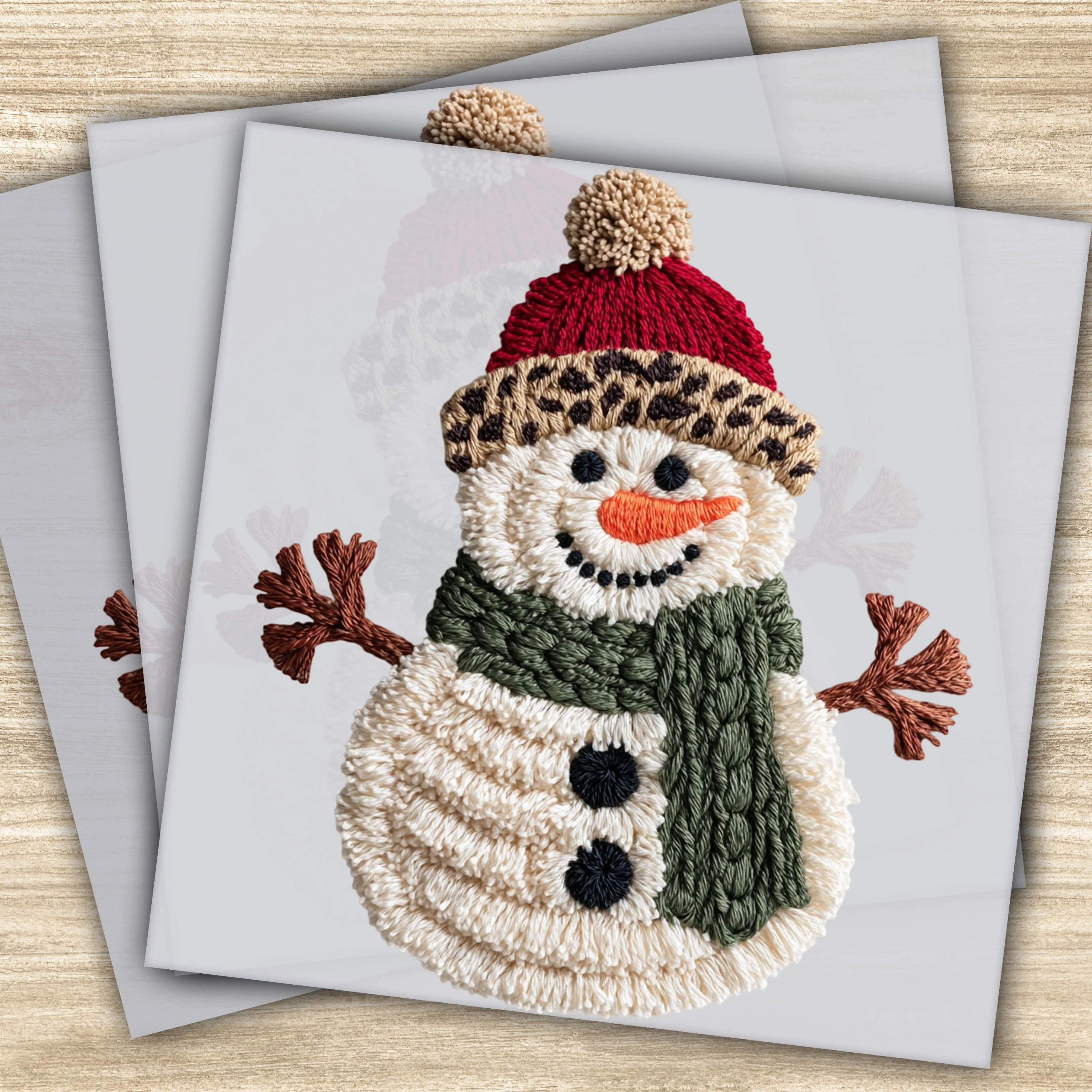Ready to Press DTF Transfer – Snowman with Leopard Hat, Scarf, and Faux Yarn Details, Christmas Design