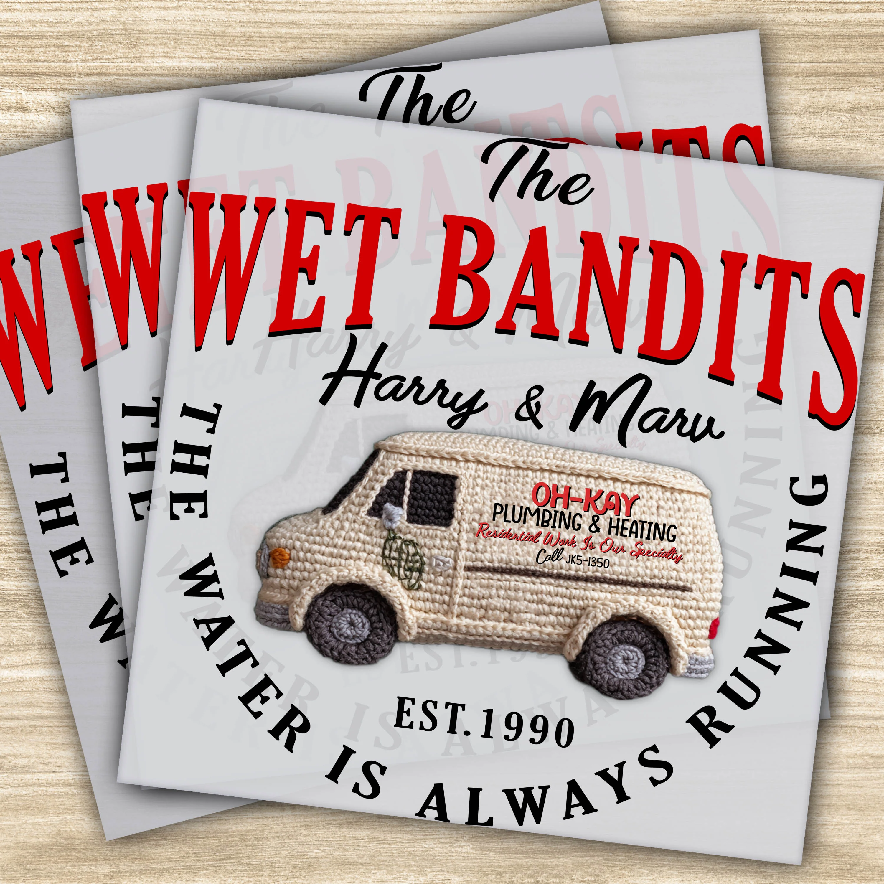 Ready to Press DTF Transfer - The Wet Bandits Design with Faux Yarn, Plumbing & Heating Service Van