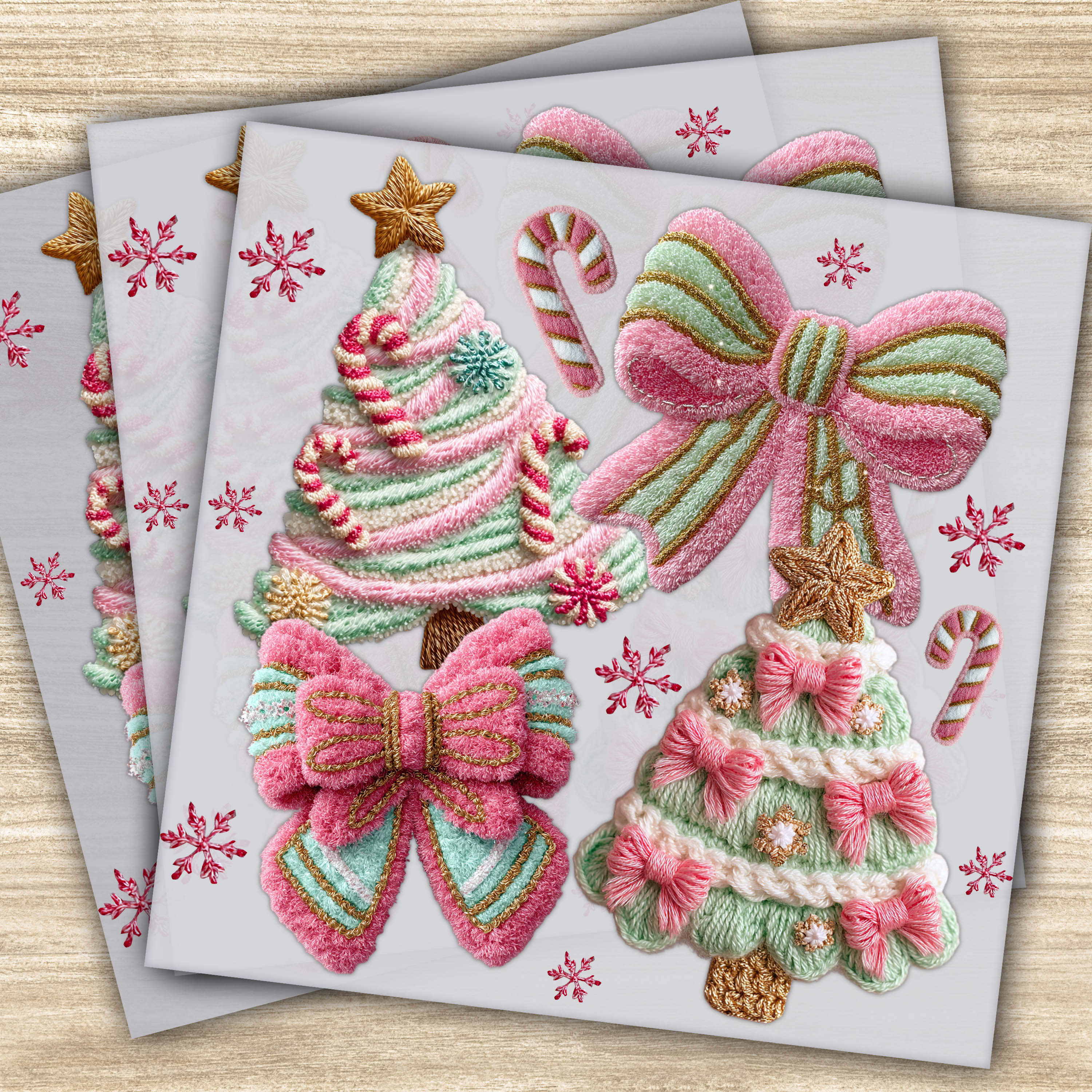 Ready to Press DTF Transfer - Pink & Mint Christmas Trees and Bows Design with Faux Yarn
