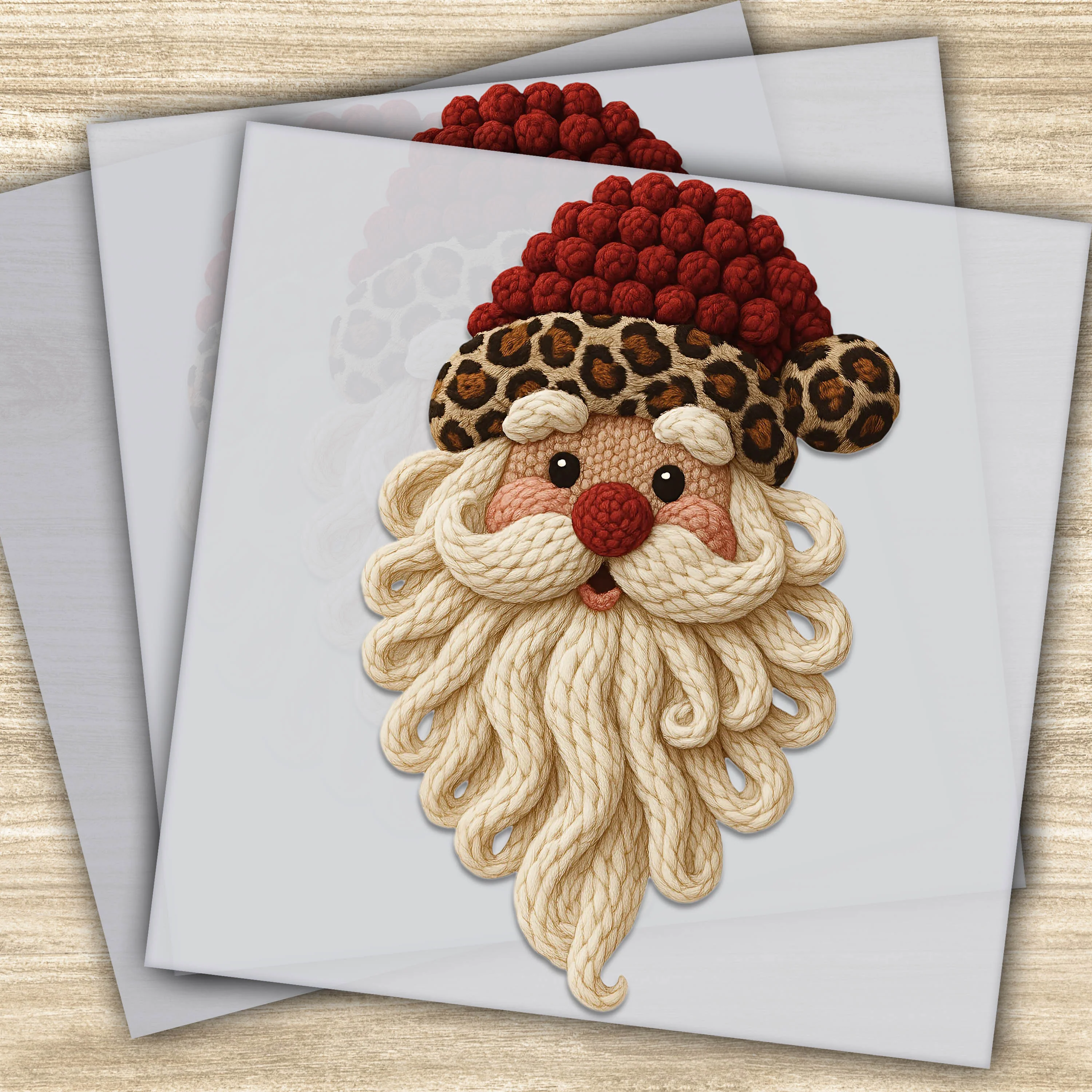 Ready to Press DTF Transfer - Santa with Leopard Print Hat and Faux Yarn Details