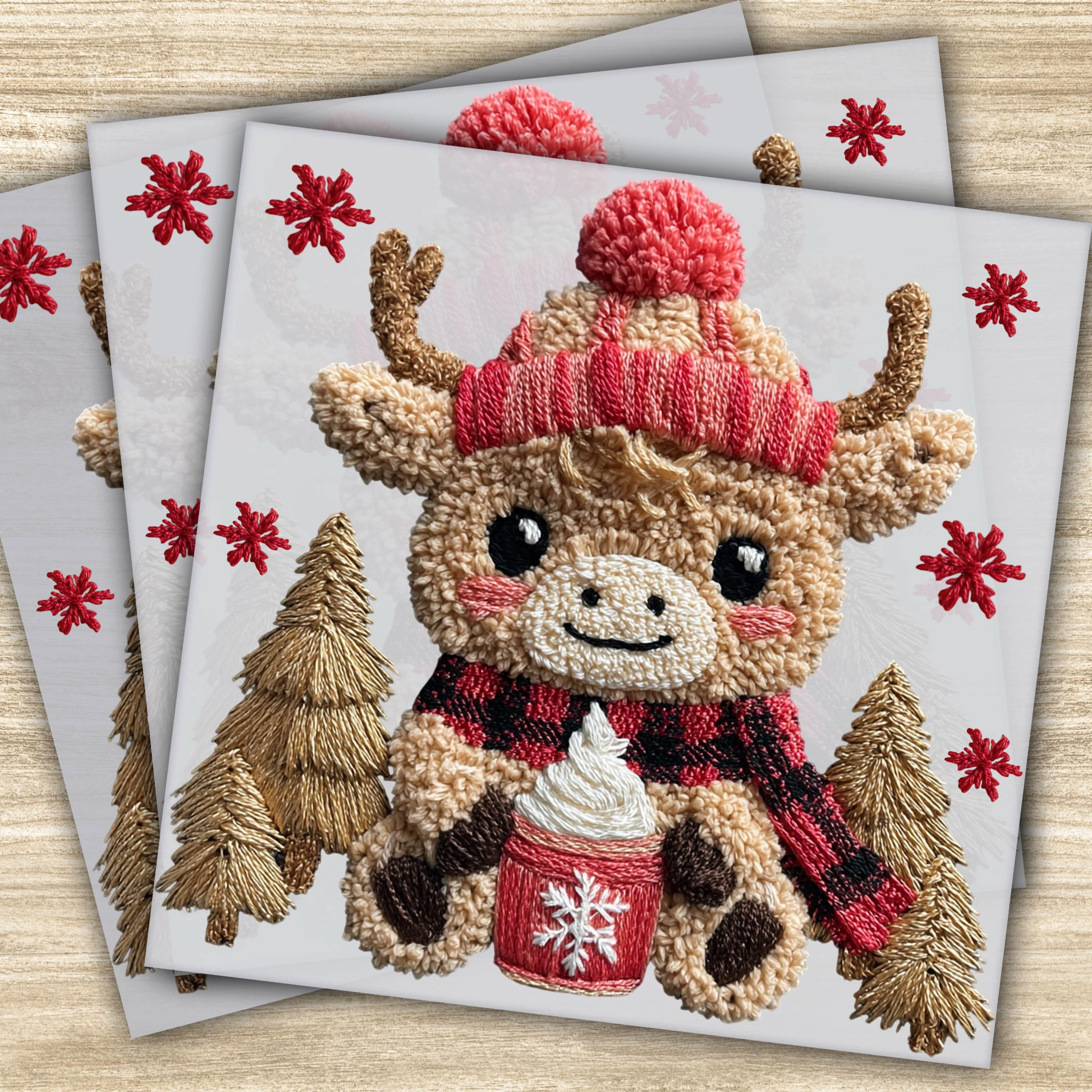 Ready to Press DTF Transfer – Cozy Winter Highland Cow with Faux Yarn Texture, Hot Cocoa & Christmas Design