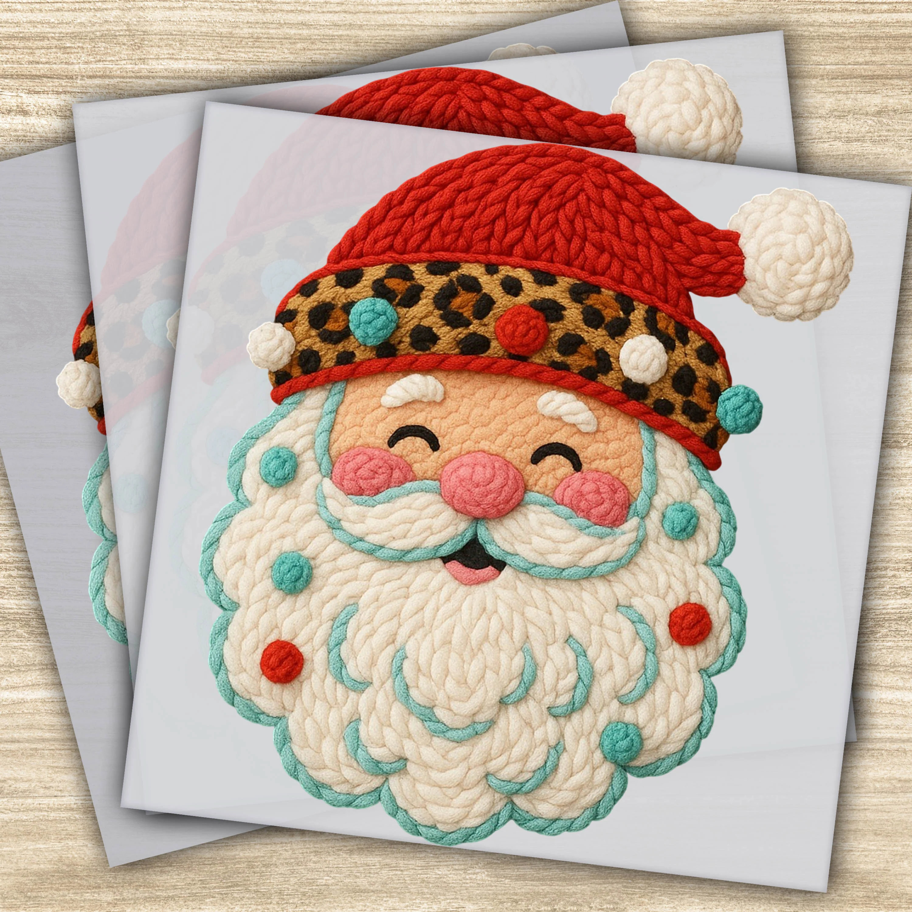 Ready to Press DTF Transfer – Happy Santa with Faux Yarn Beard and Leopard Trim Christmas Design