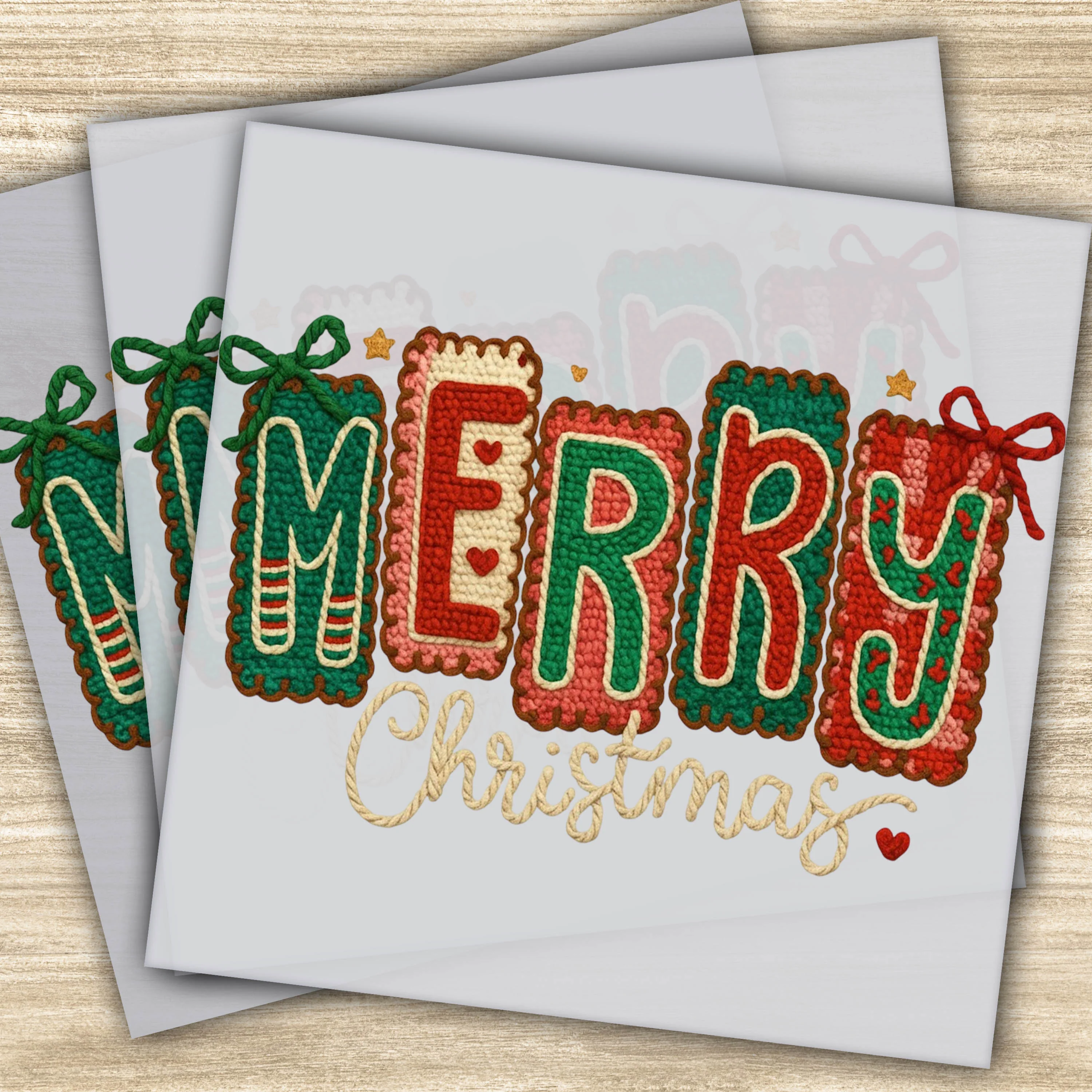 Ready to Press DTF Transfer – Merry Christmas with Faux Yarn Detailing, Festive Holiday Design