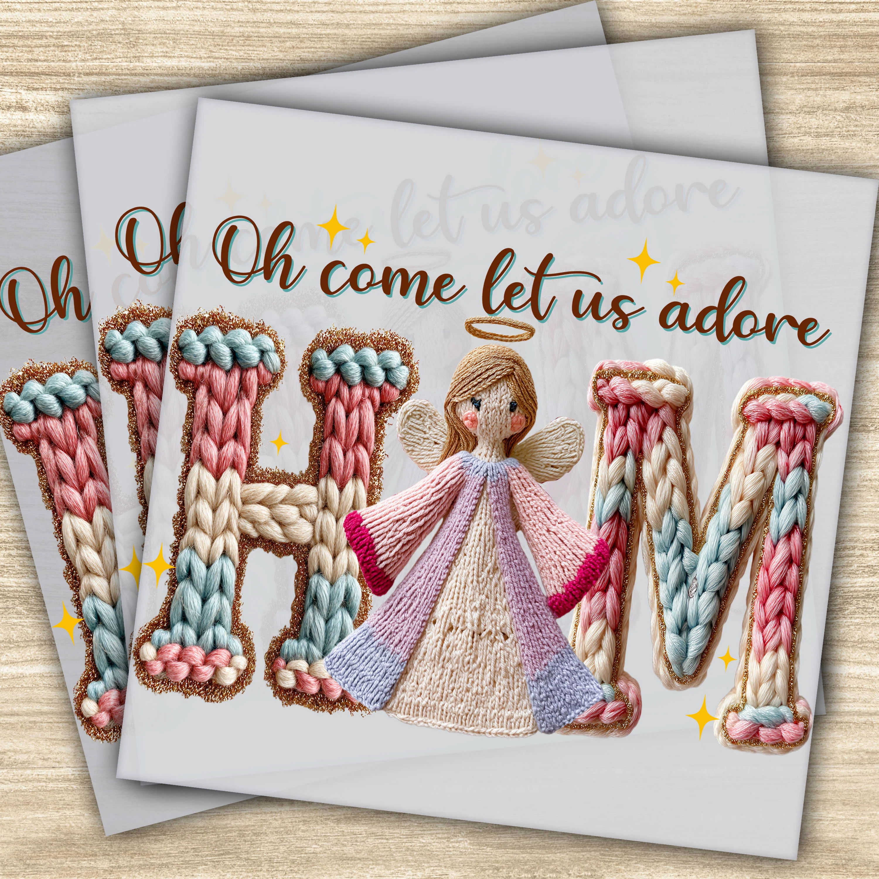 Ready to Press DTF Transfer - 'Oh Come Let Us Adore' Christmas Angel Design with Faux Yarn