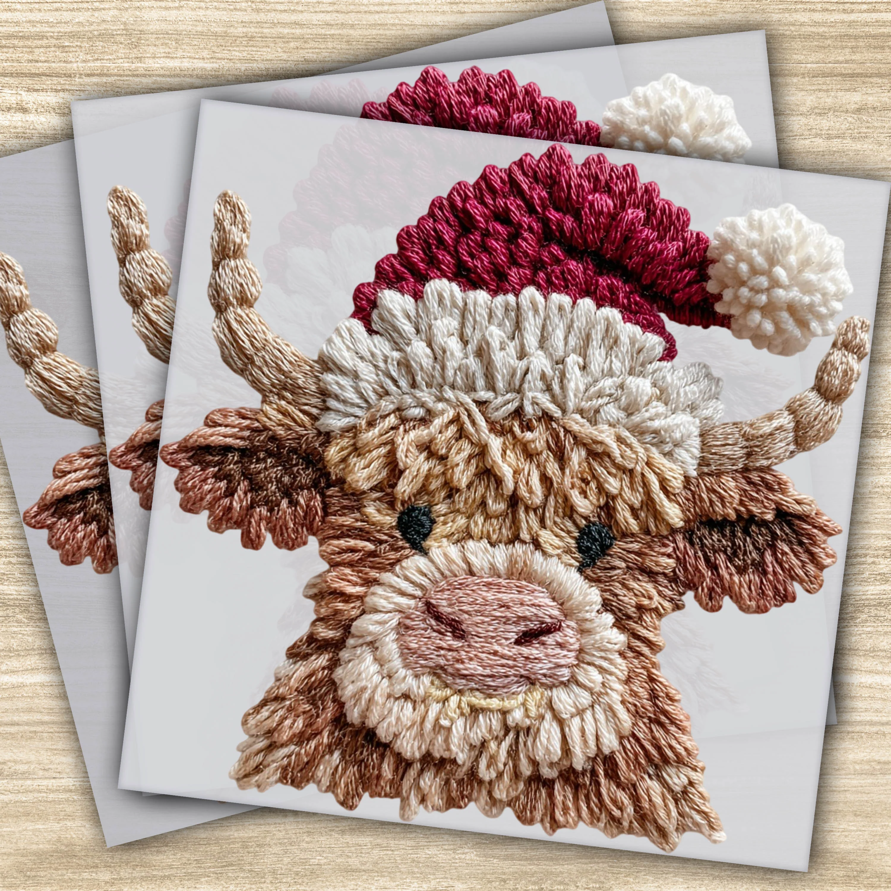 Ready to Press DTF Transfer - Christmas Highland Cow with Santa Hat Faux Yarn Design, Holiday Cow Transfer for Apparel