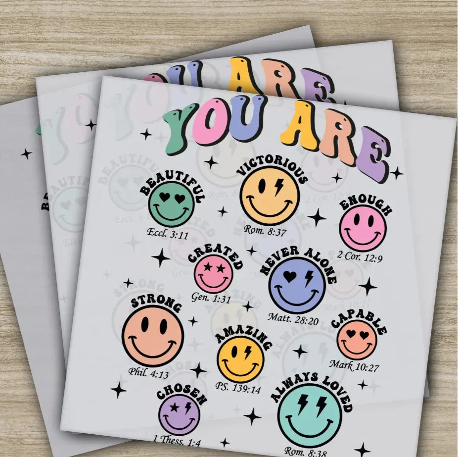 Positive Affirmations Christian DTF Transfer, Smiley Faces & Bible Verses, Motivational Faith Graphic
