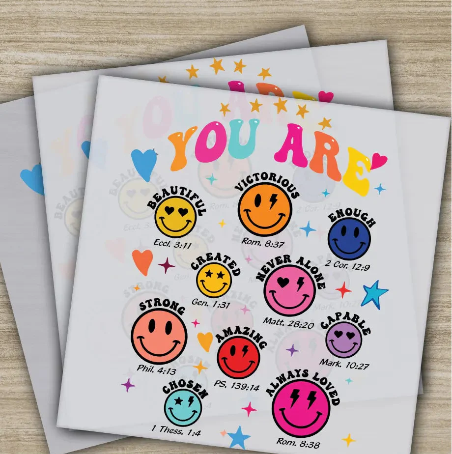 You Are Beautiful, Strong, and Loved DTF Transfer - Christian Faith Design with Smileys and Scriptures