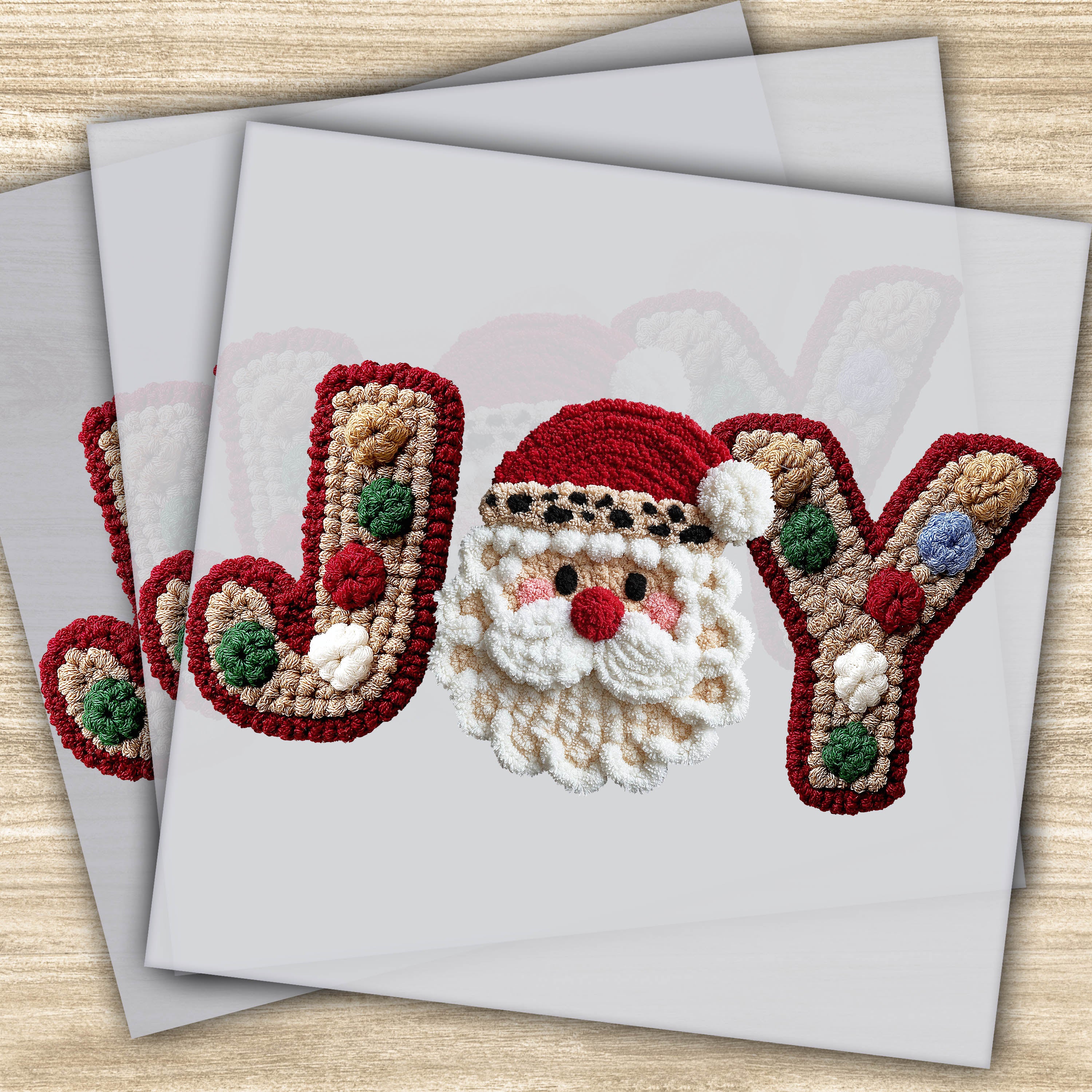 JOY Faux Yarn DTF Transfer - Christmas Santa Design with Red, Green, and Gold, Ready to Press