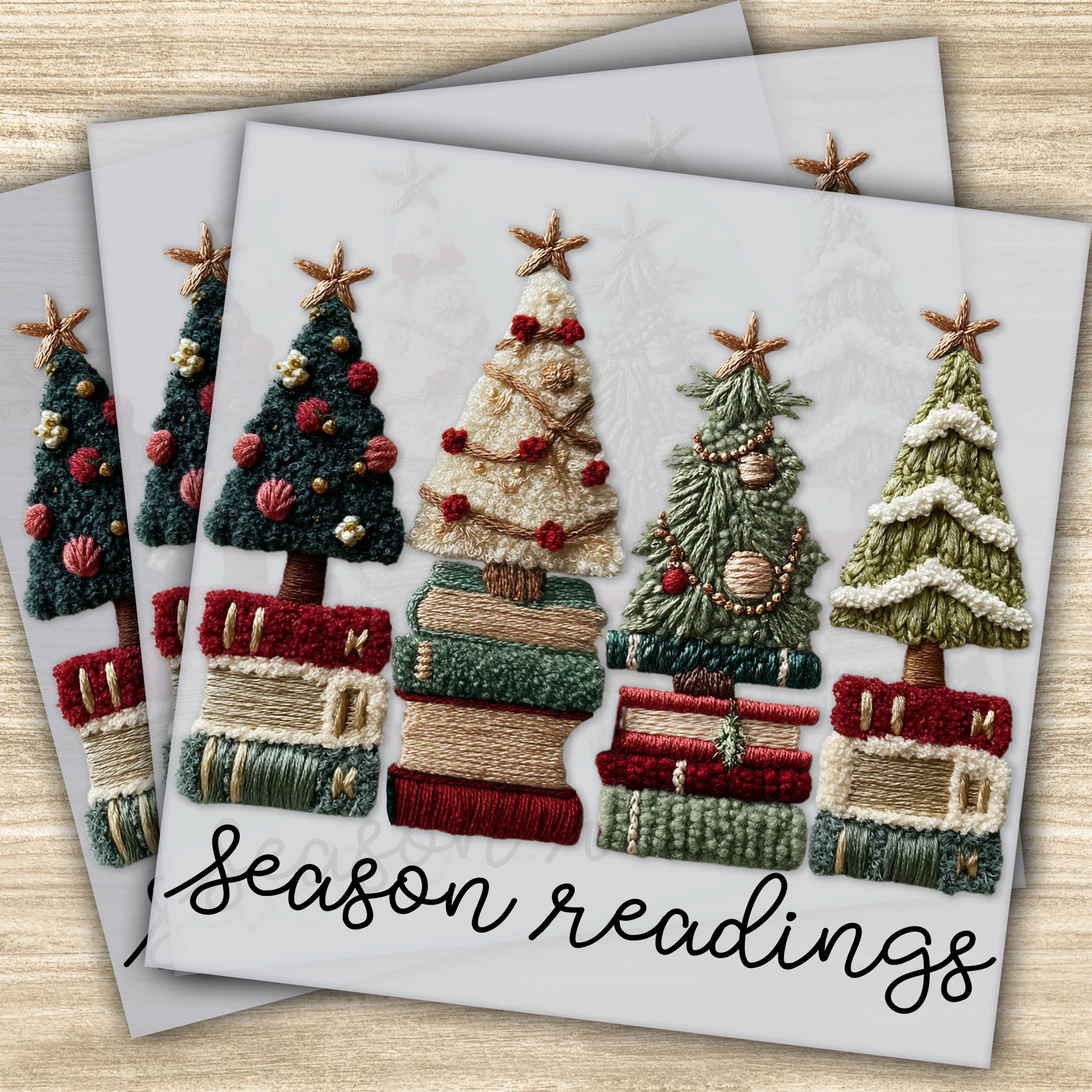 Ready to Press DTF Transfer – “Season Readings” Christmas Tree & Book Design with Faux Yarn Detailing