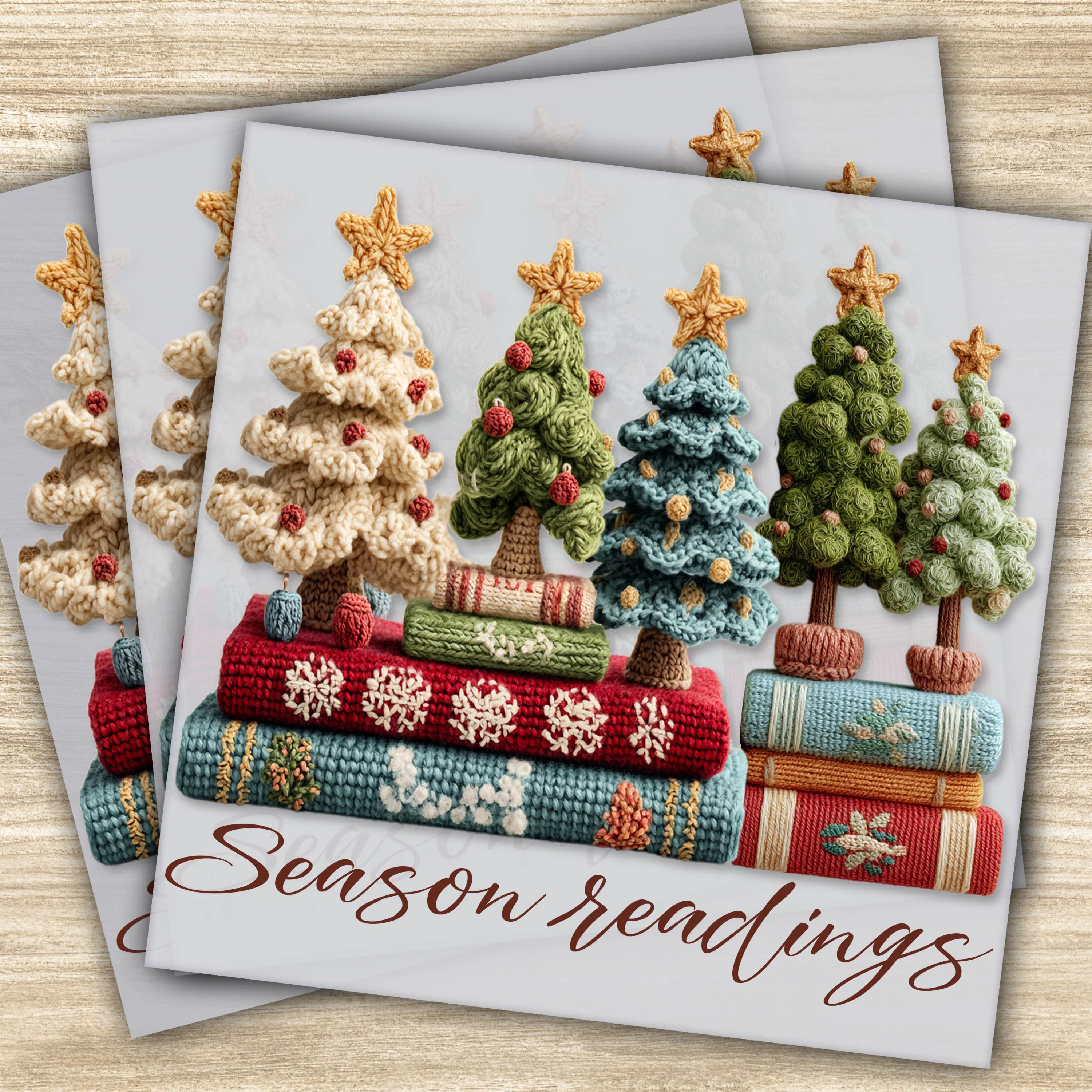 Ready to Press DTF Transfer – “Season Readings” Christmas Trees & Books Design with Faux Yarn Detailing