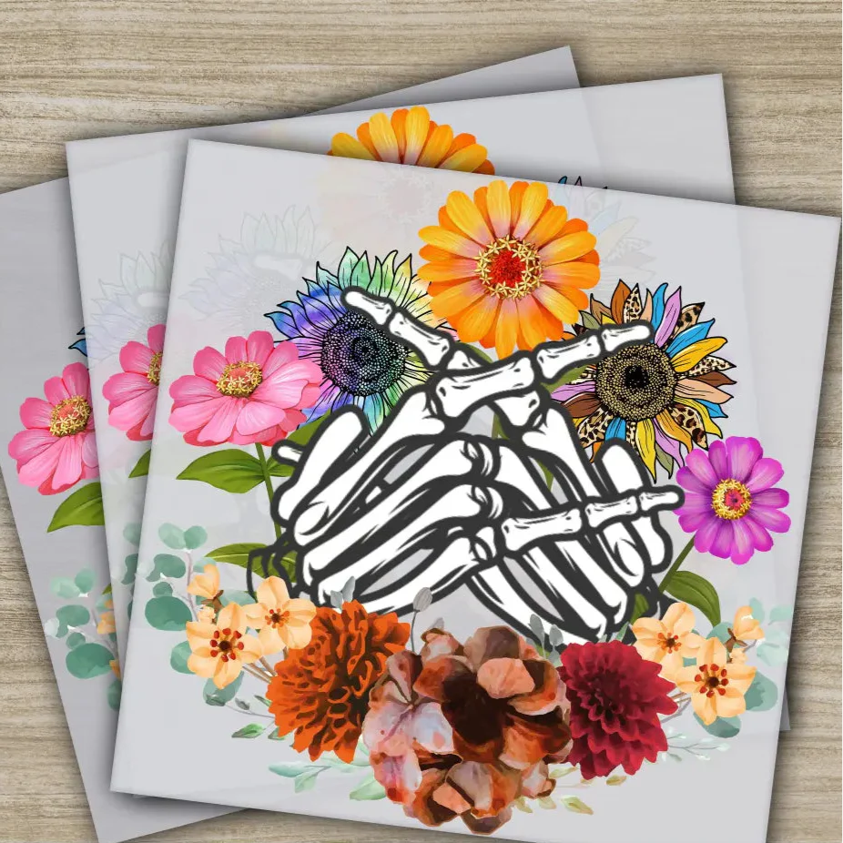 Skeleton Hand, Colorful Flowers, Ready to Press, Personalized DTF Transfers, Heat Press DTF Transfer