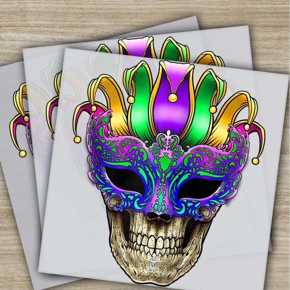Skull Mask, Mardi Gras Transfers, Ready to Press, Personalized DTF Transfers, Mardi Gras Gifts, High Quality, Heat Press DTF Transfers