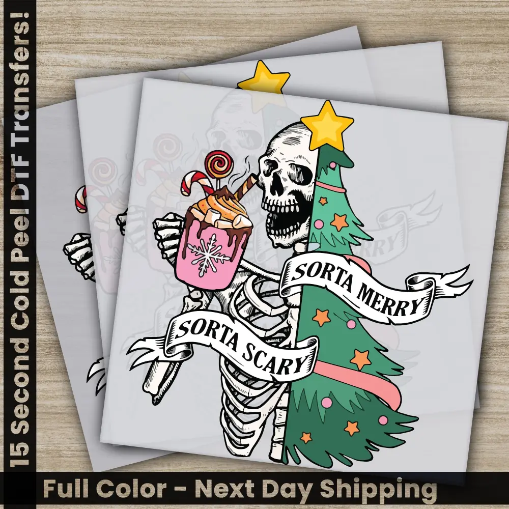 Sorta Merry, Skeleton, Christmas DTF Transfers, Ready to Press, Personalized Gifts, Direct to Film, Sublimation Screen Prints, Fast Shipping
