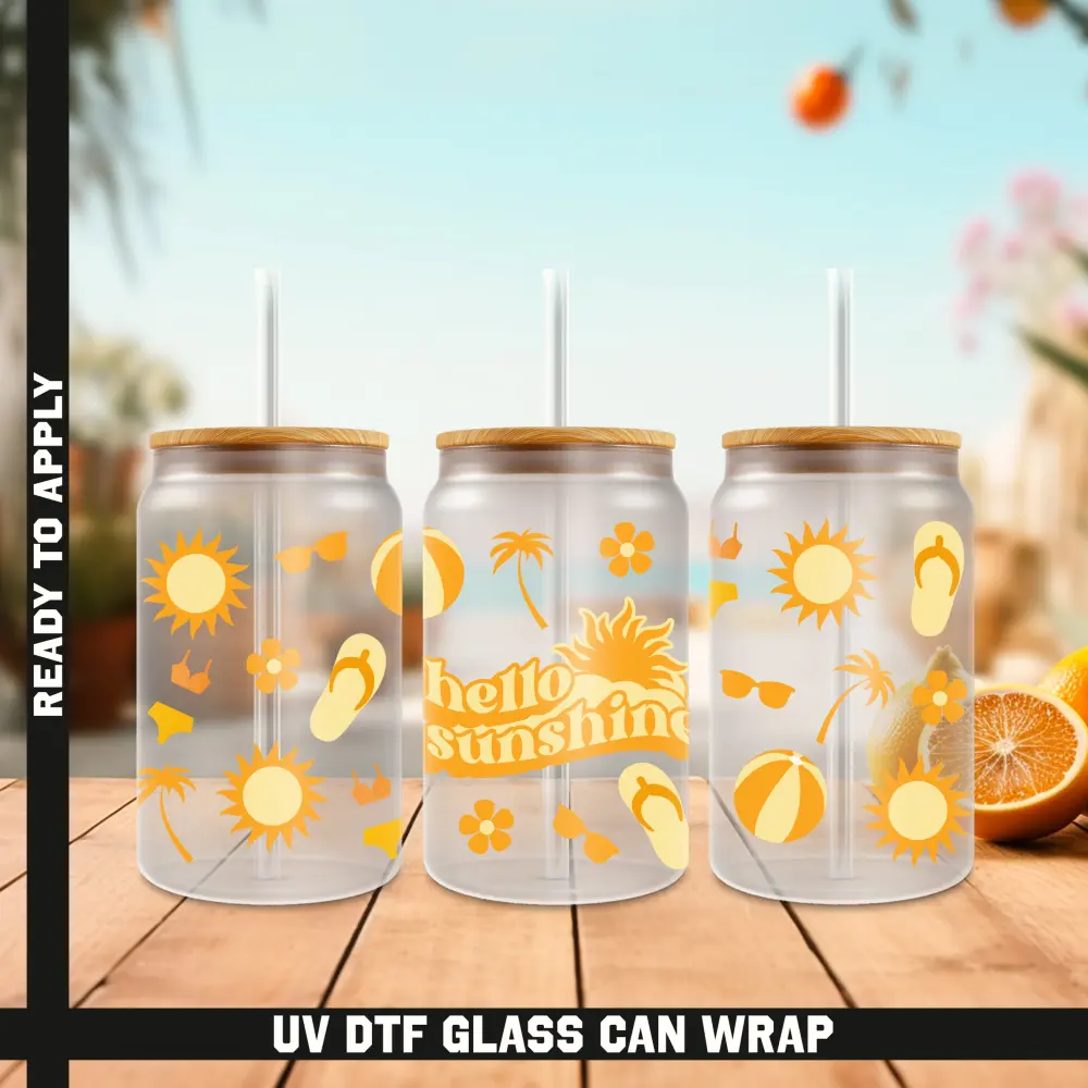 Summer Hello Sunshine Ready To Apply UV DTF, 16oz cup Wrap
