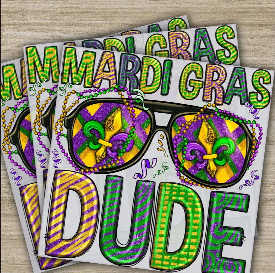 Sunglasses, Dude, Mardi Gras Transfers, Ready to Press, Personalized DTF Transfers, Mardi Gras Gifts, High Quality, Heat Press DTF Transfers