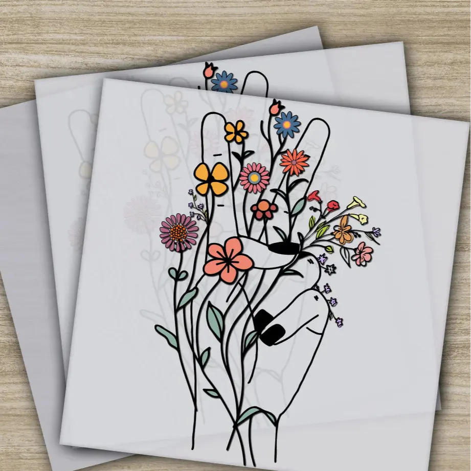 Victory Sign, Hand and Flowers, Ready to Press, Personalized DTF Transfers, Heat Press DTF Transfer